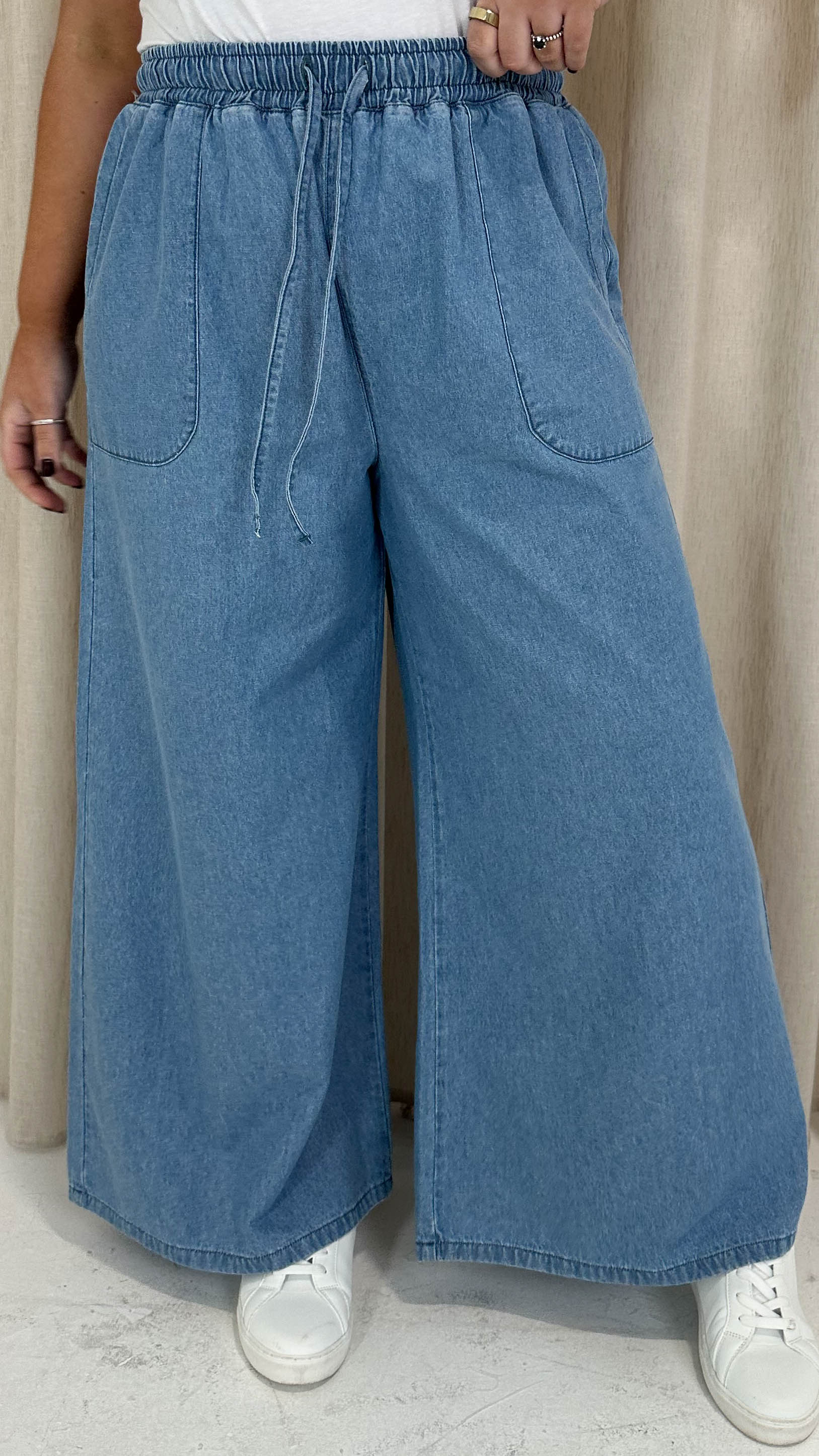 CurveWow Chambray Wide Leg Trousers Light Wash