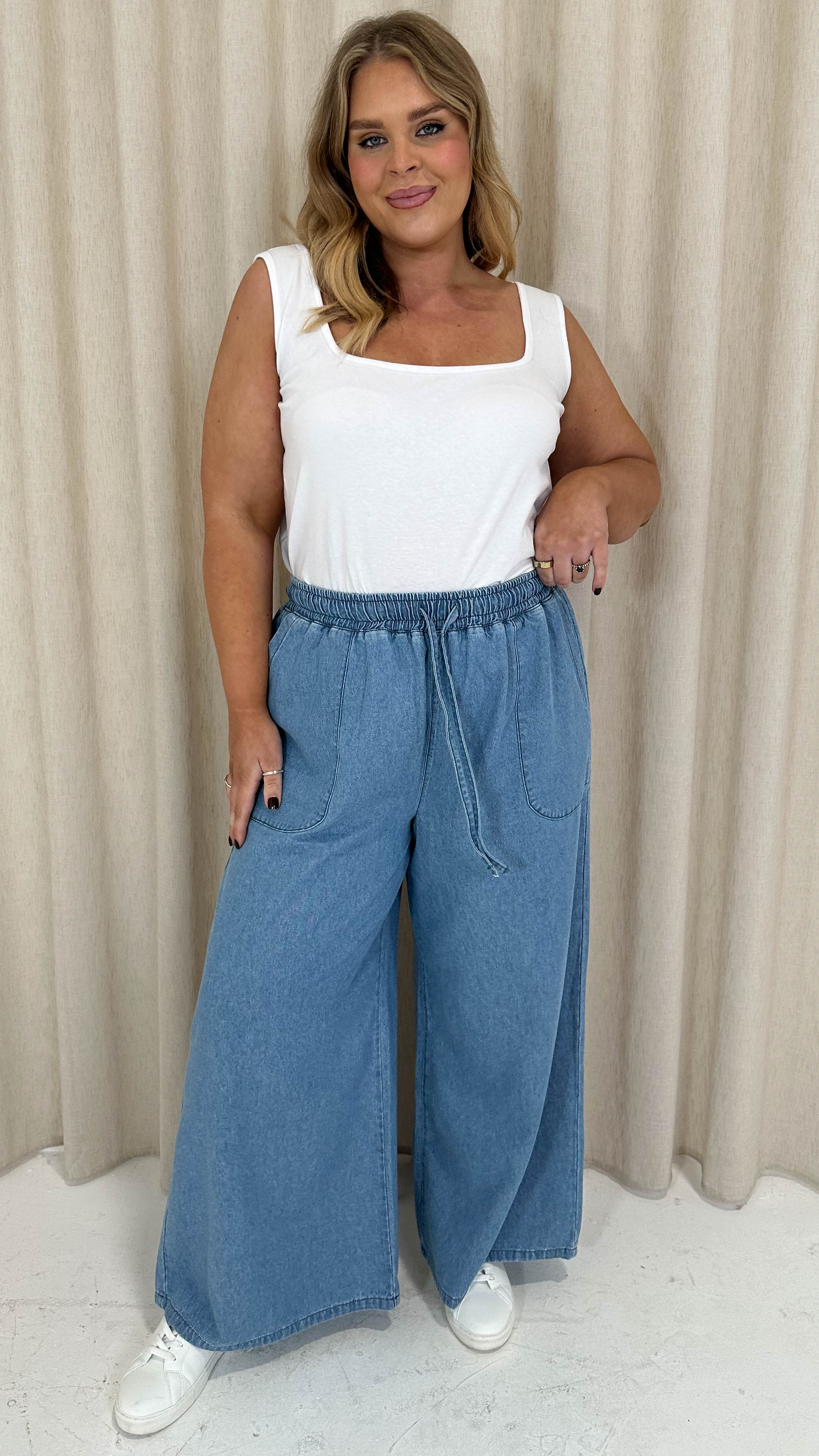 CurveWow Chambray Wide Leg Trousers Light Wash