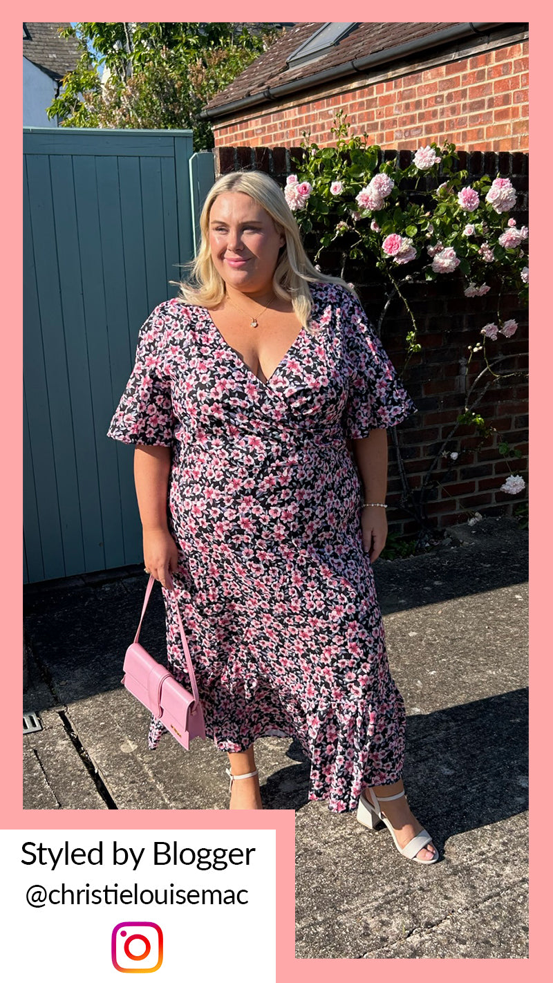 CurveWow Wrap Smock Dress Black Pink Floral