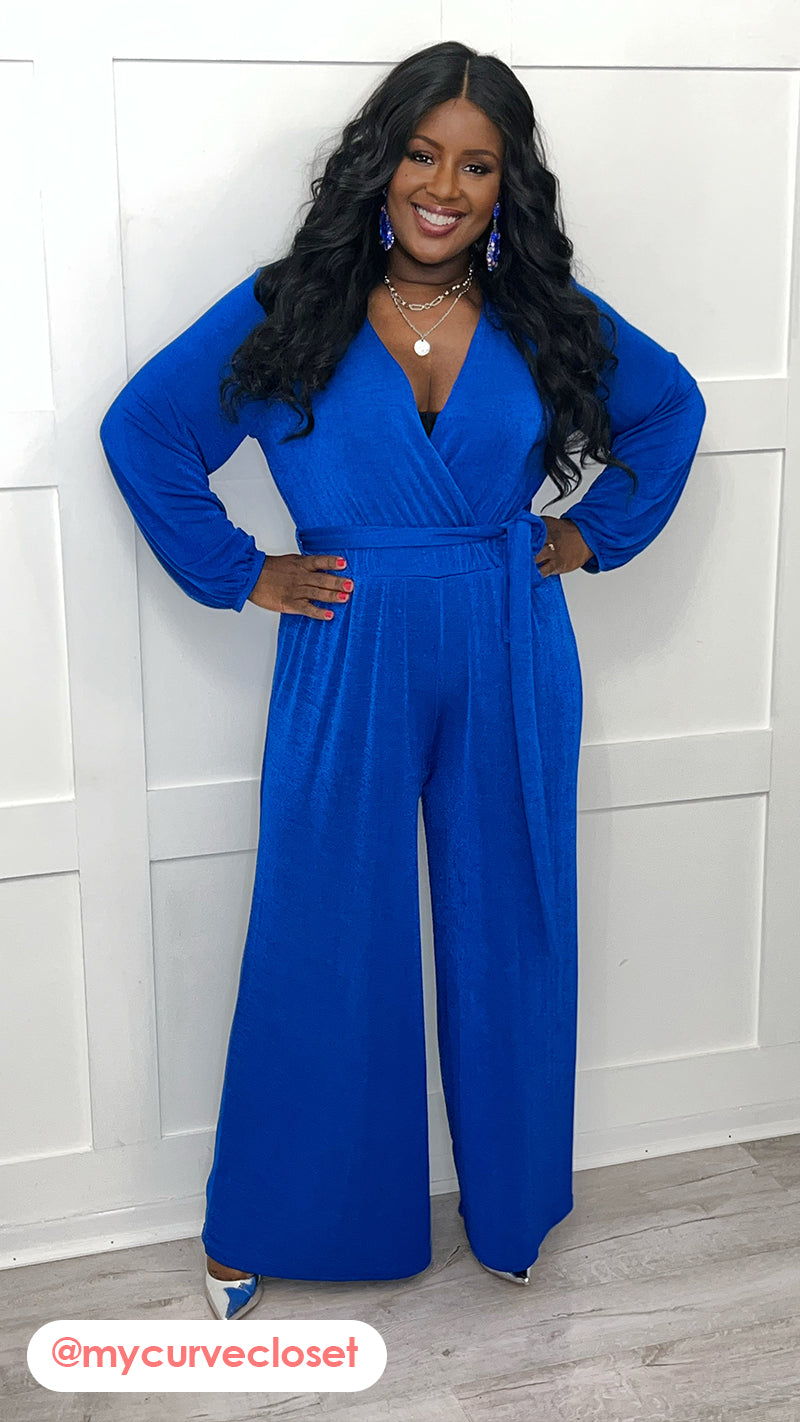 CurveWow V Neck Wrap Jumpsuit Blue