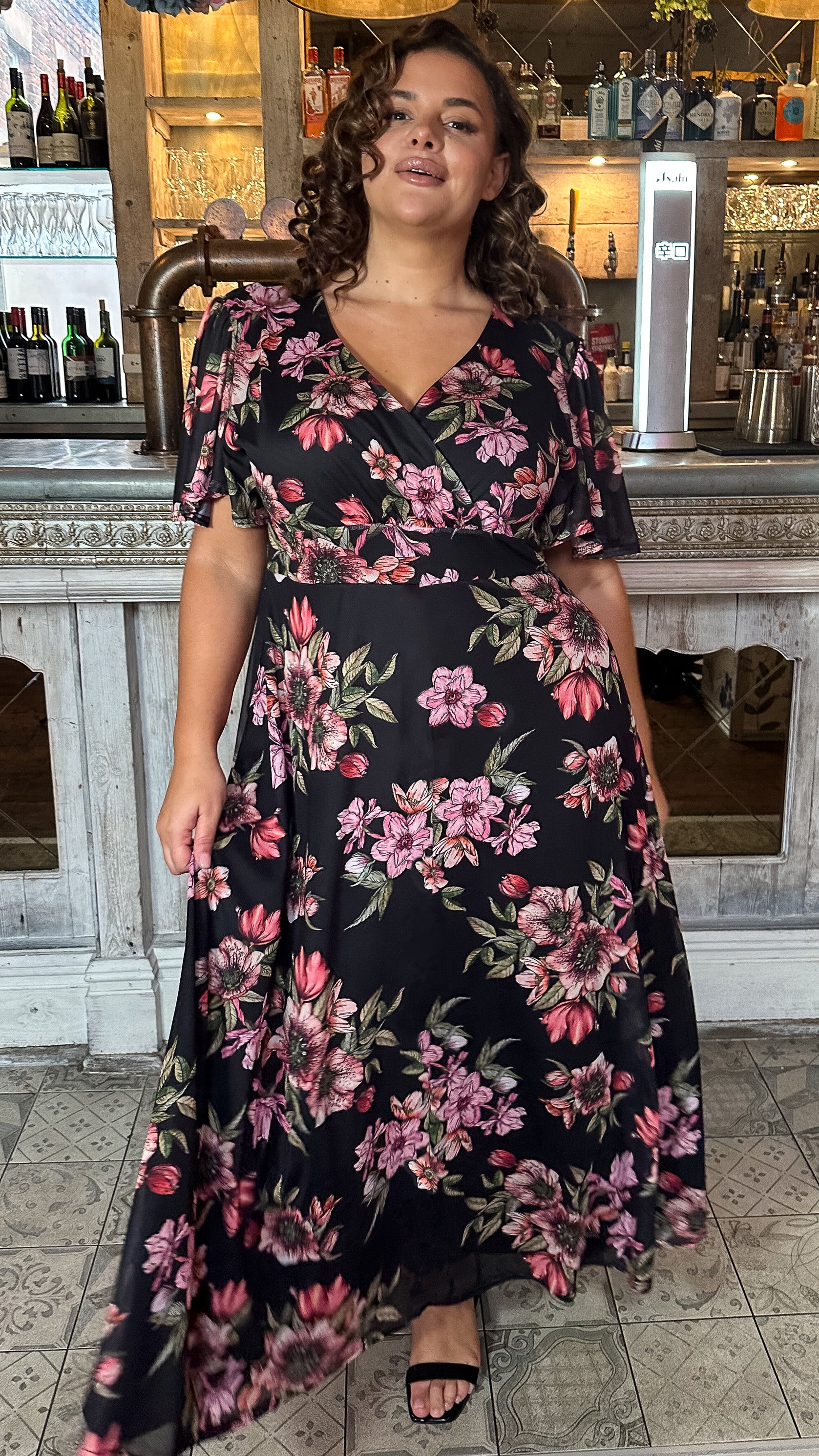 CurveWow Mesh Angel Sleeve Maxi Dress Black Floral
