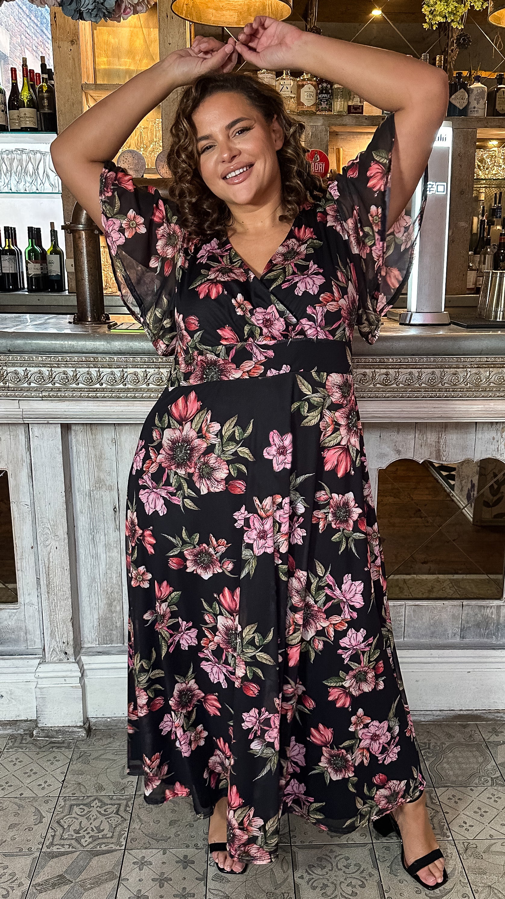 CurveWow Mesh Angel Sleeve Maxi Dress Black Floral