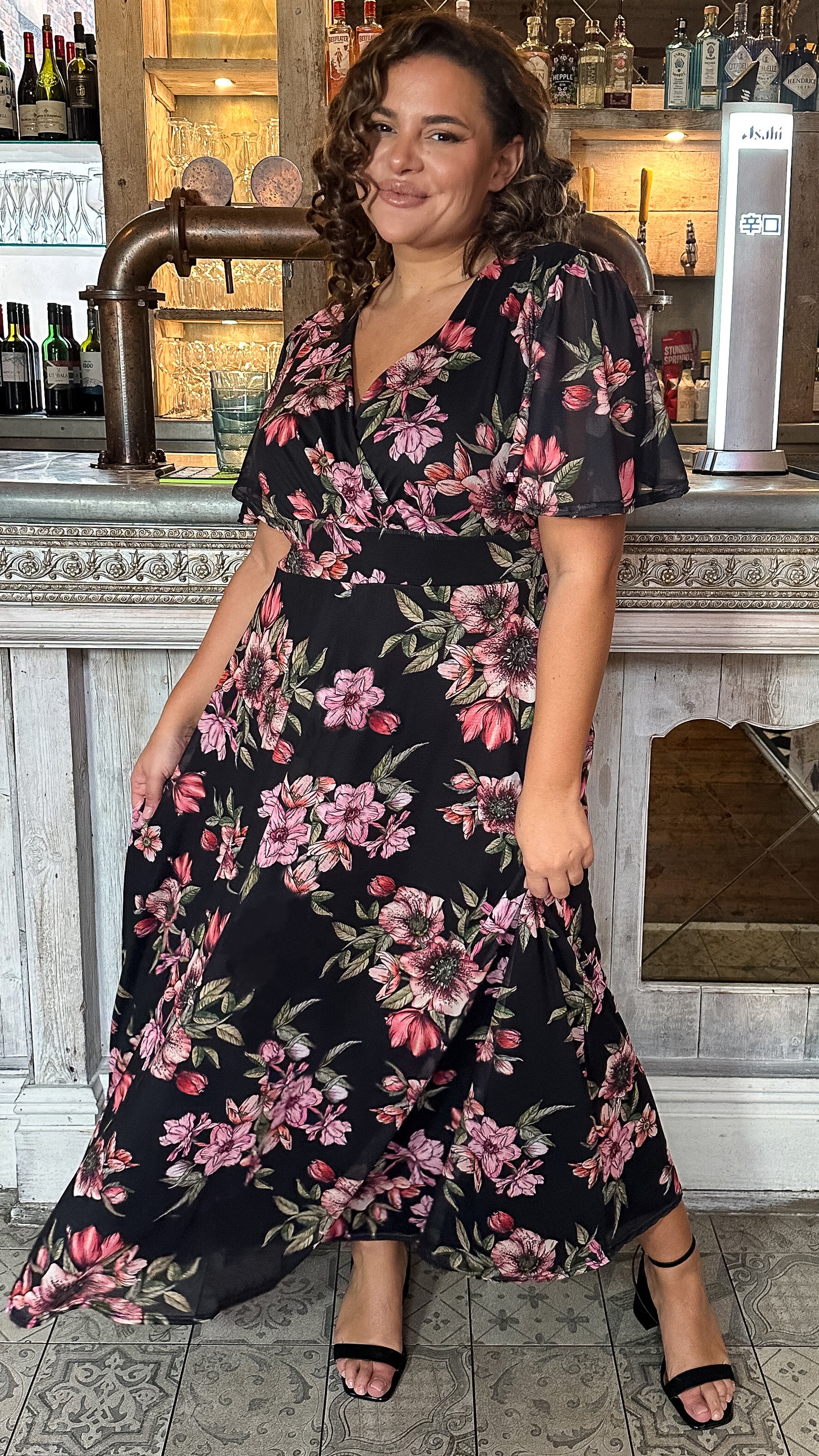 CurveWow Mesh Angel Sleeve Maxi Dress Black Floral