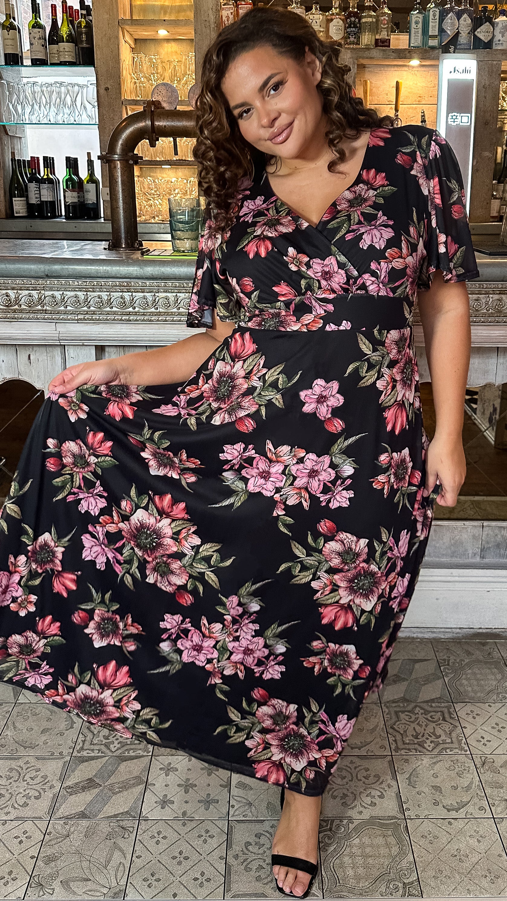 CurveWow Mesh Angel Sleeve Maxi Dress Black Floral