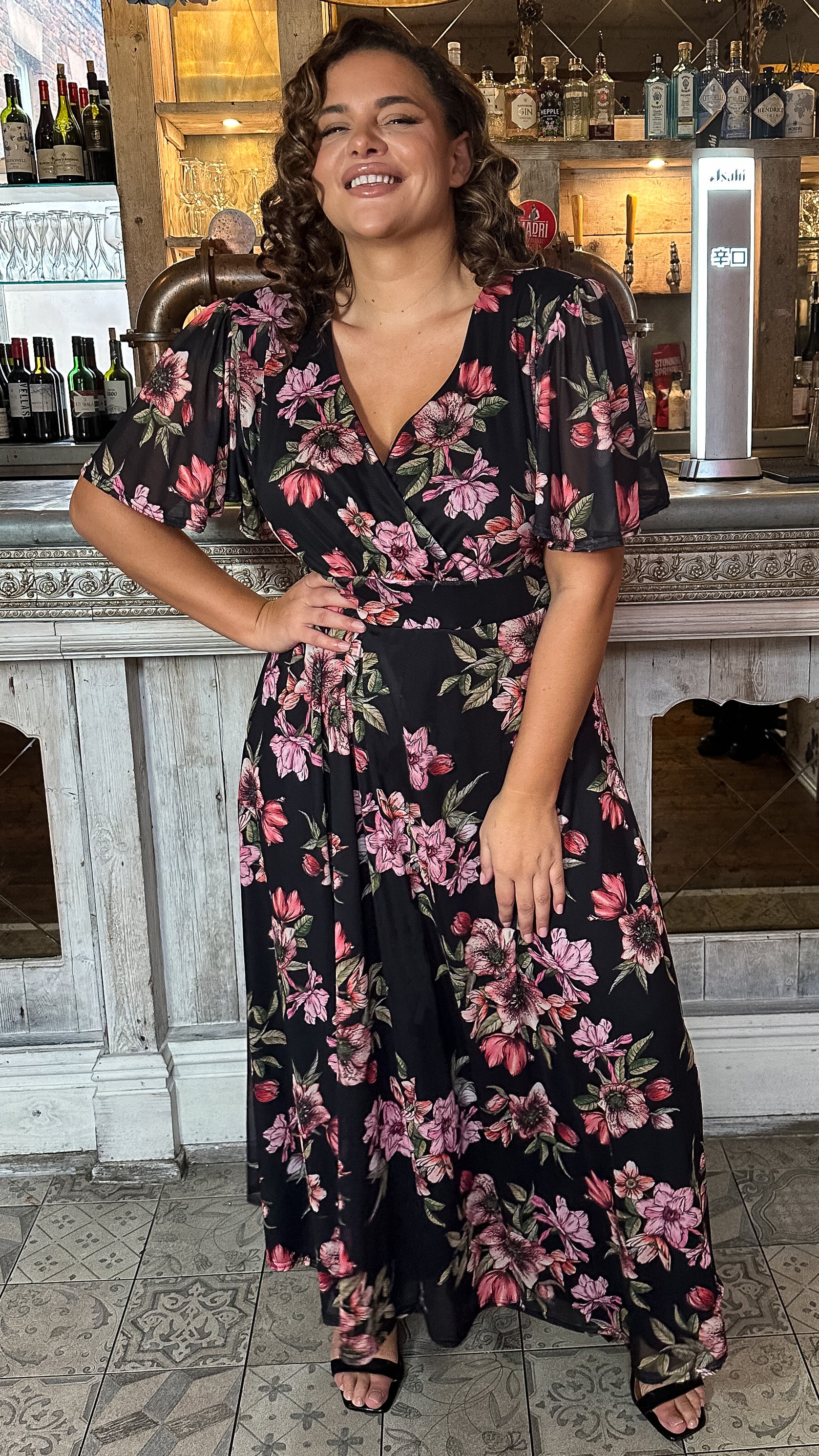 CurveWow Mesh Angel Sleeve Maxi Dress Black Floral