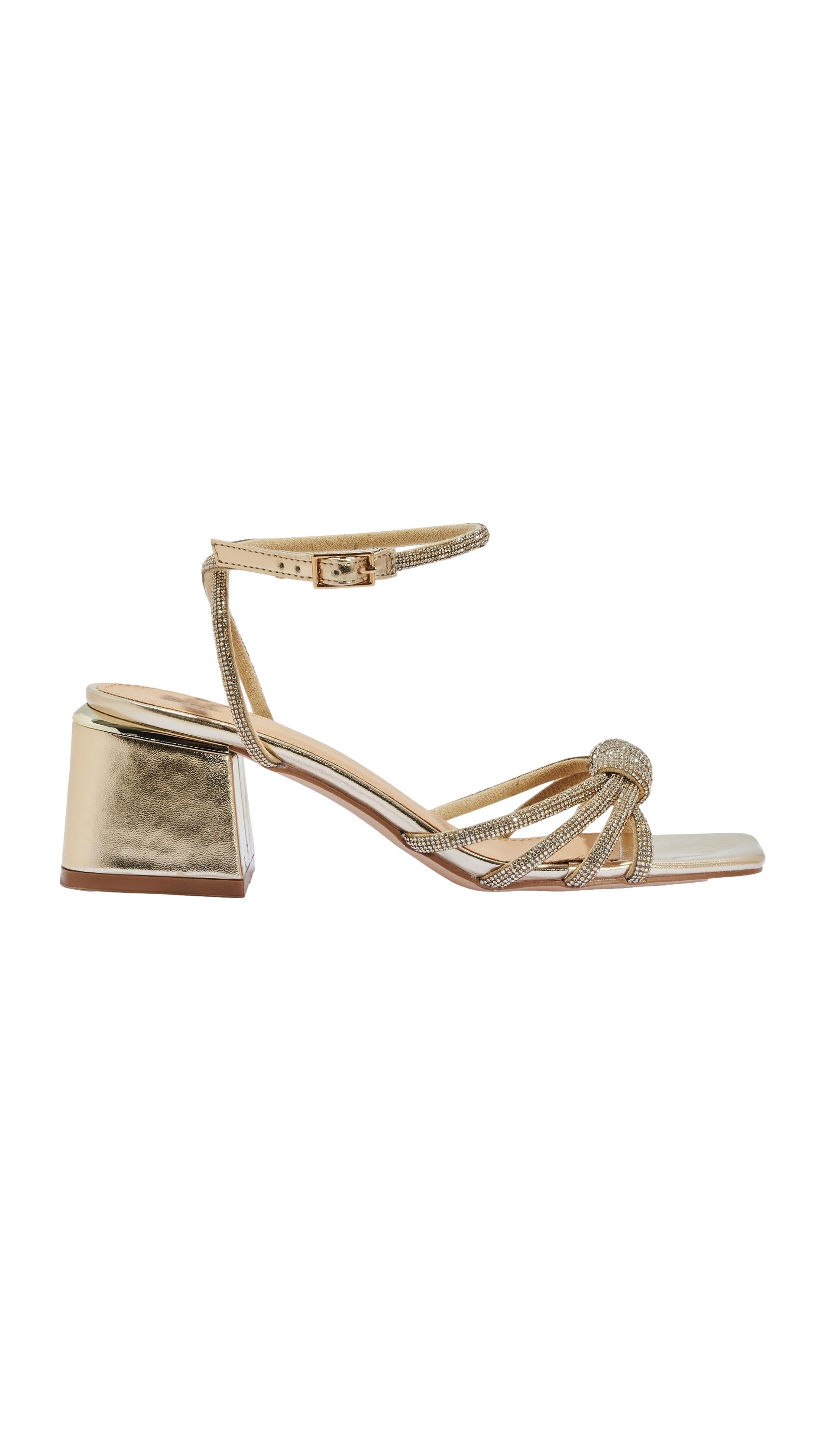Wide Fit Diamante Strappy Block Heel Sandal Gold