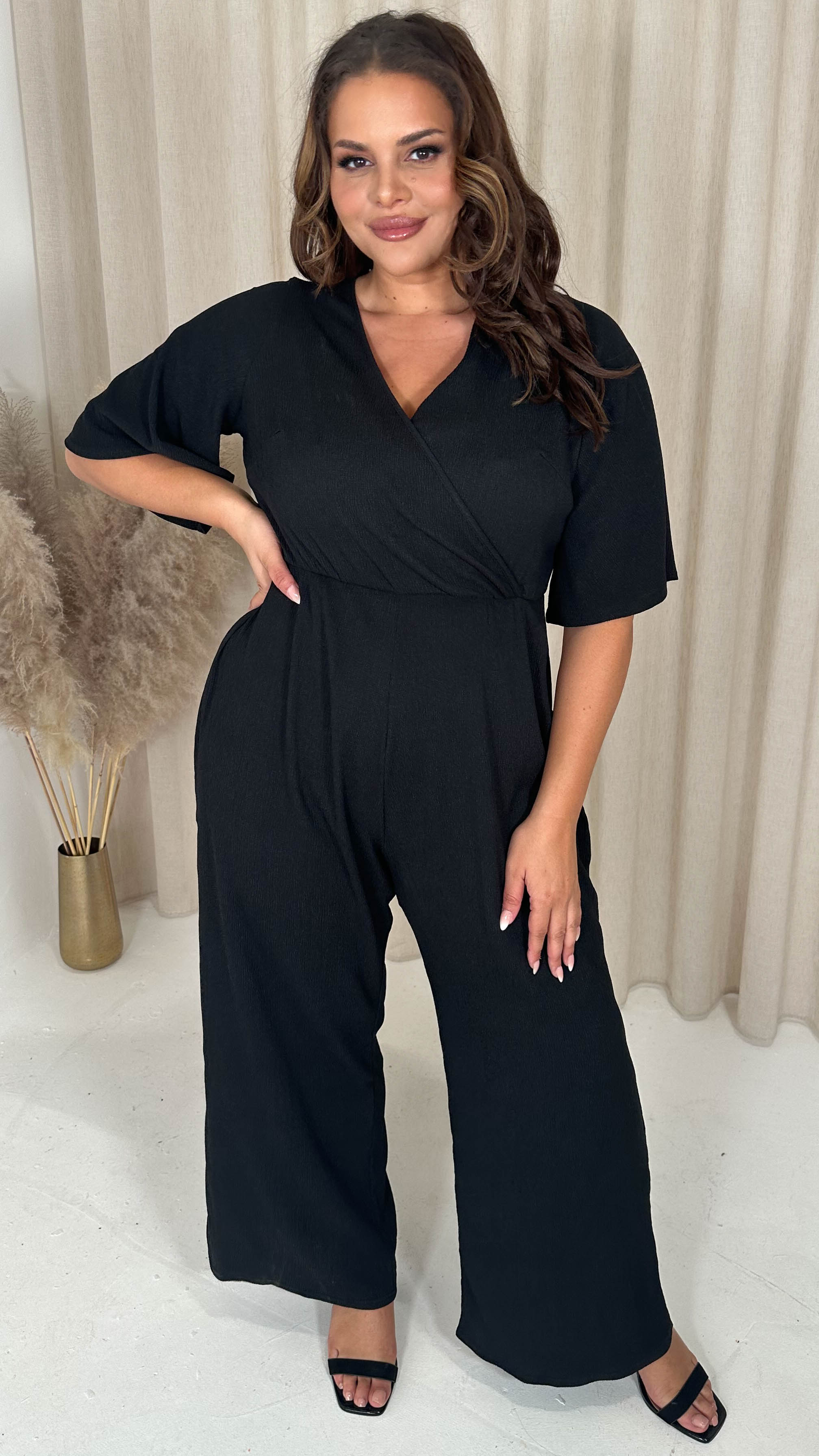 CurveWow Textured Angel Sleeve Wrap Wide Leg Jumpsuit Black