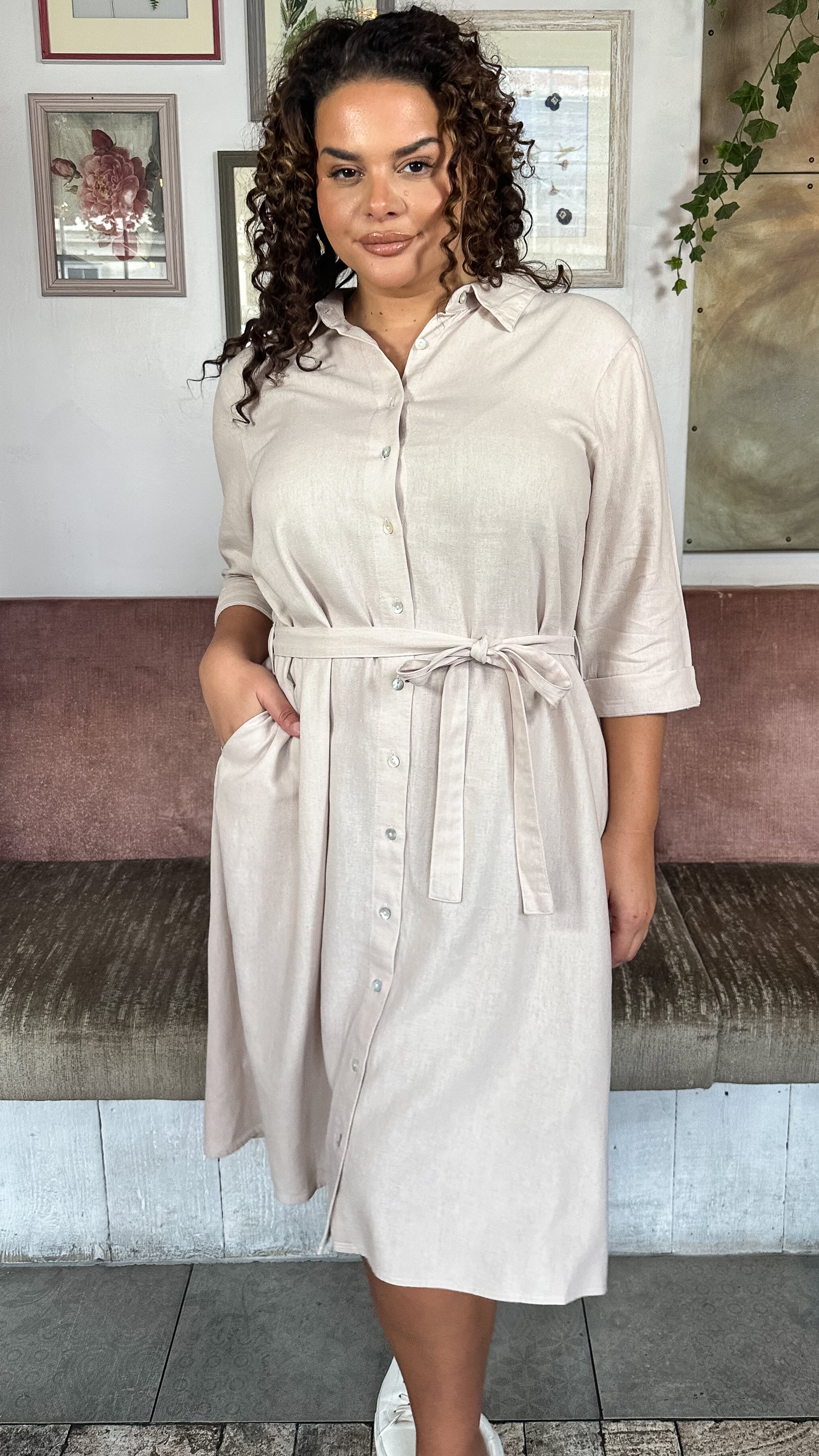 CurveWow Linen Midi Shirt Dress Cream