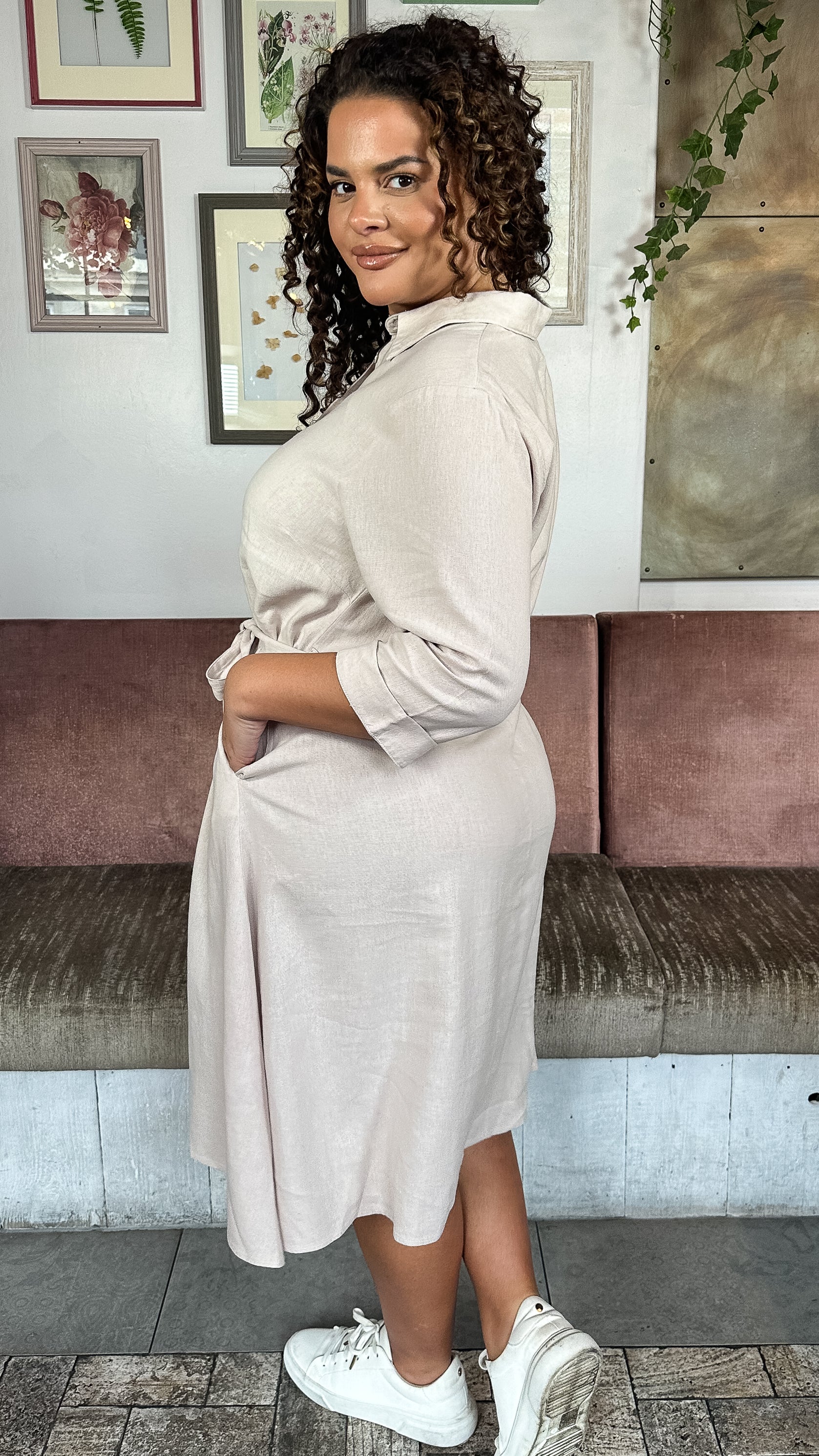 CurveWow Linen Midi Shirt Dress Cream