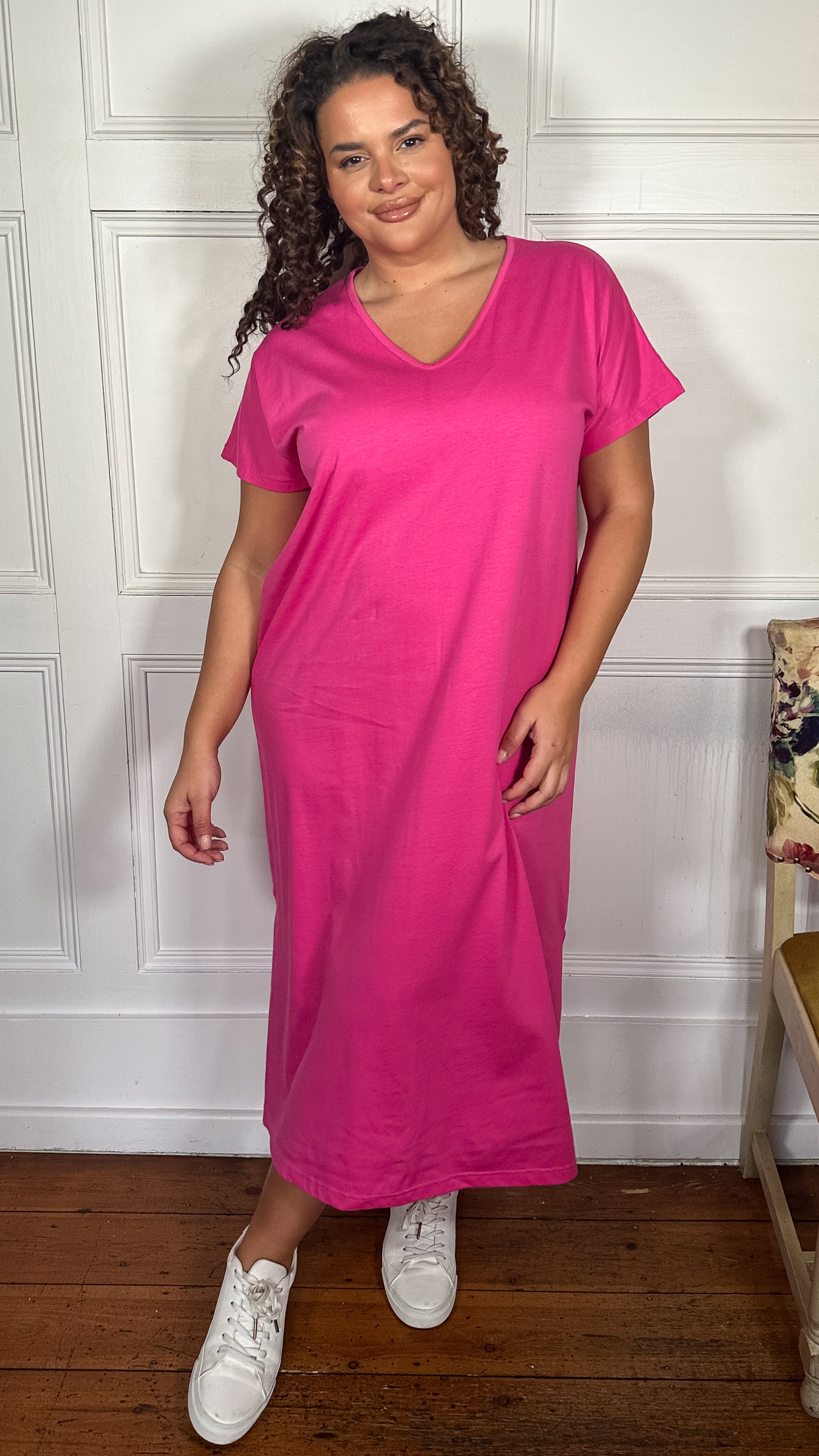 CurveWow Side Split Midaxi T-Shirt Dress Pink