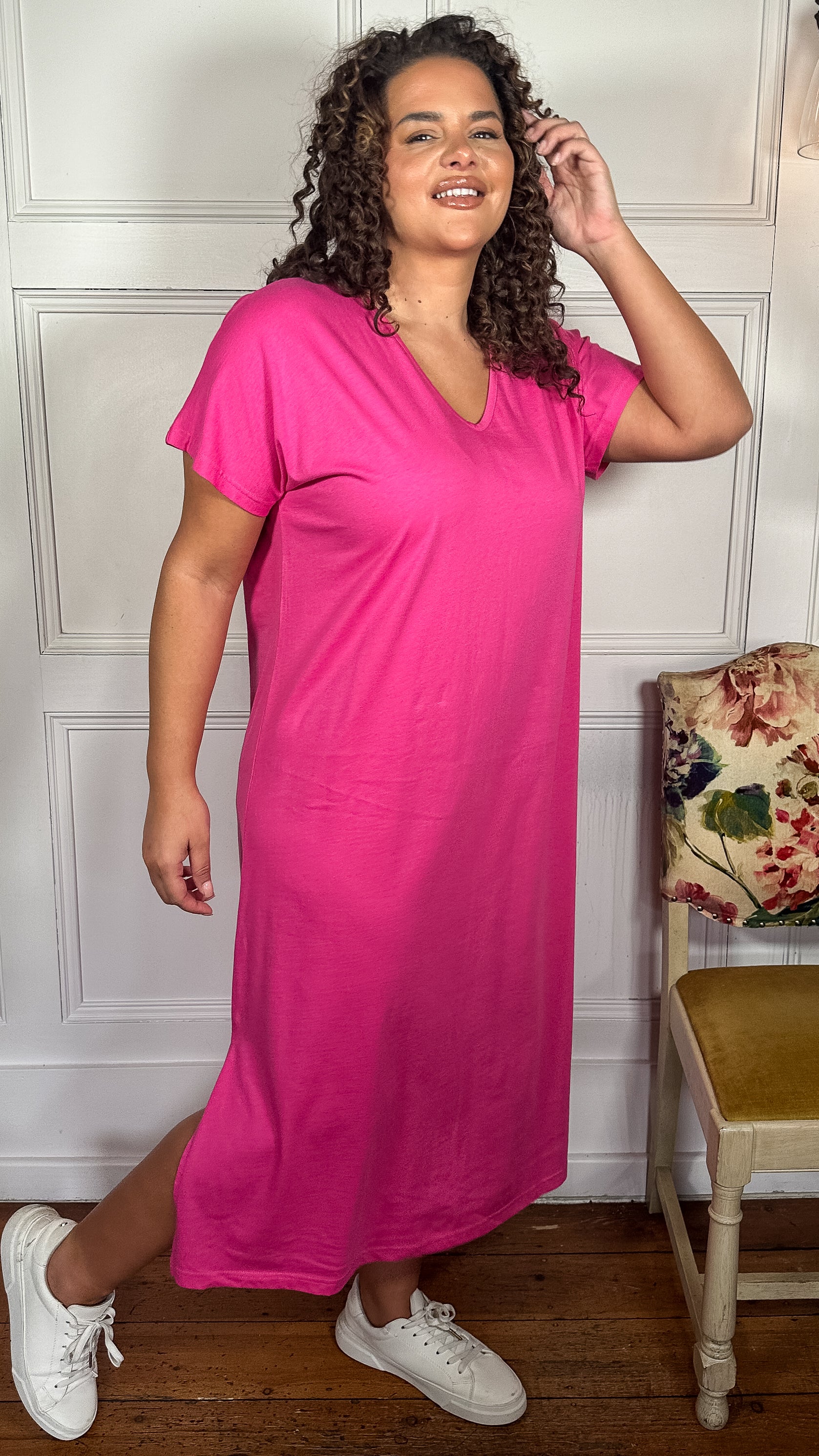 CurveWow Side Split Midaxi T-Shirt Dress Pink