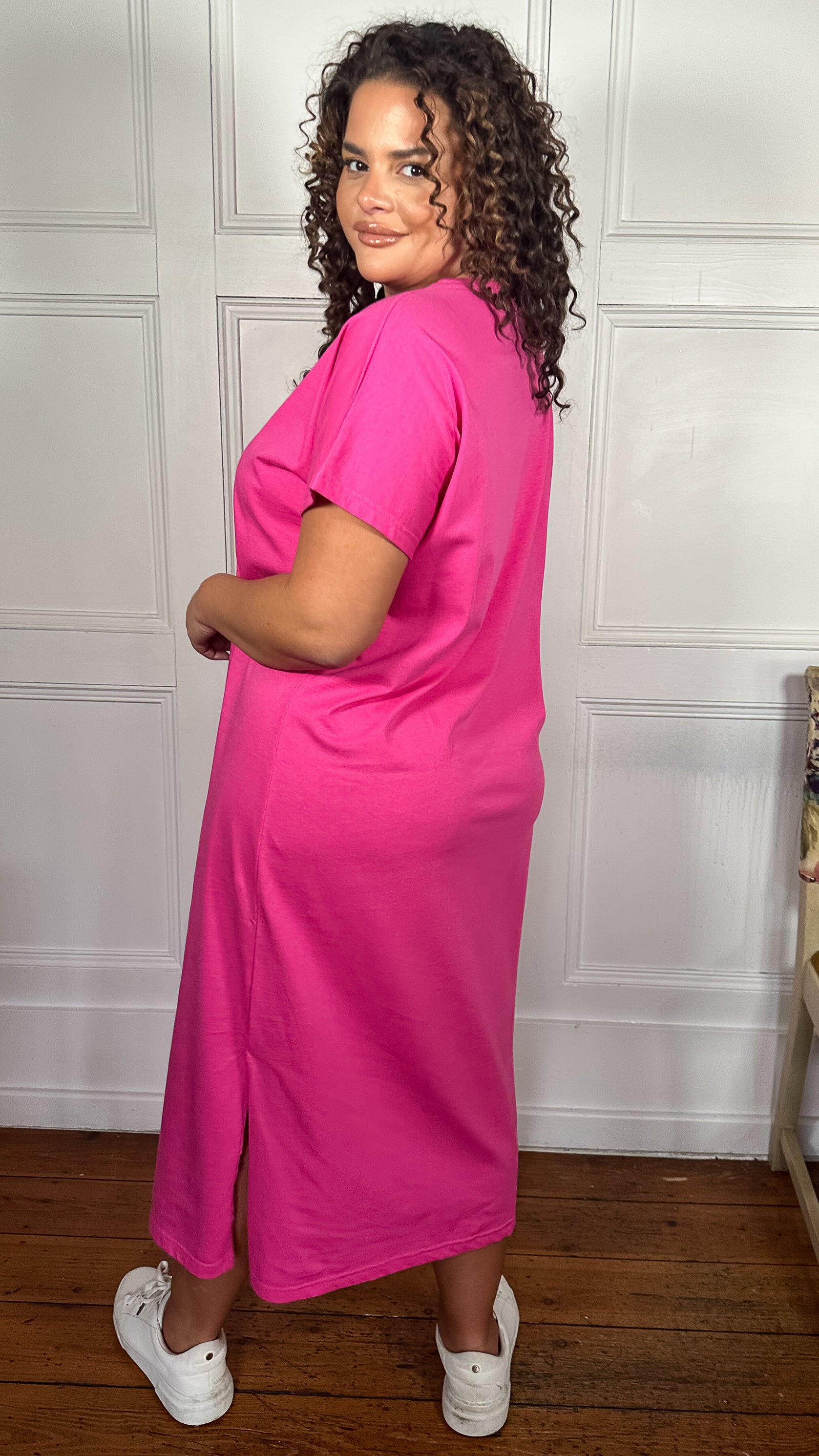 CurveWow Side Split Midaxi T-Shirt Dress Pink