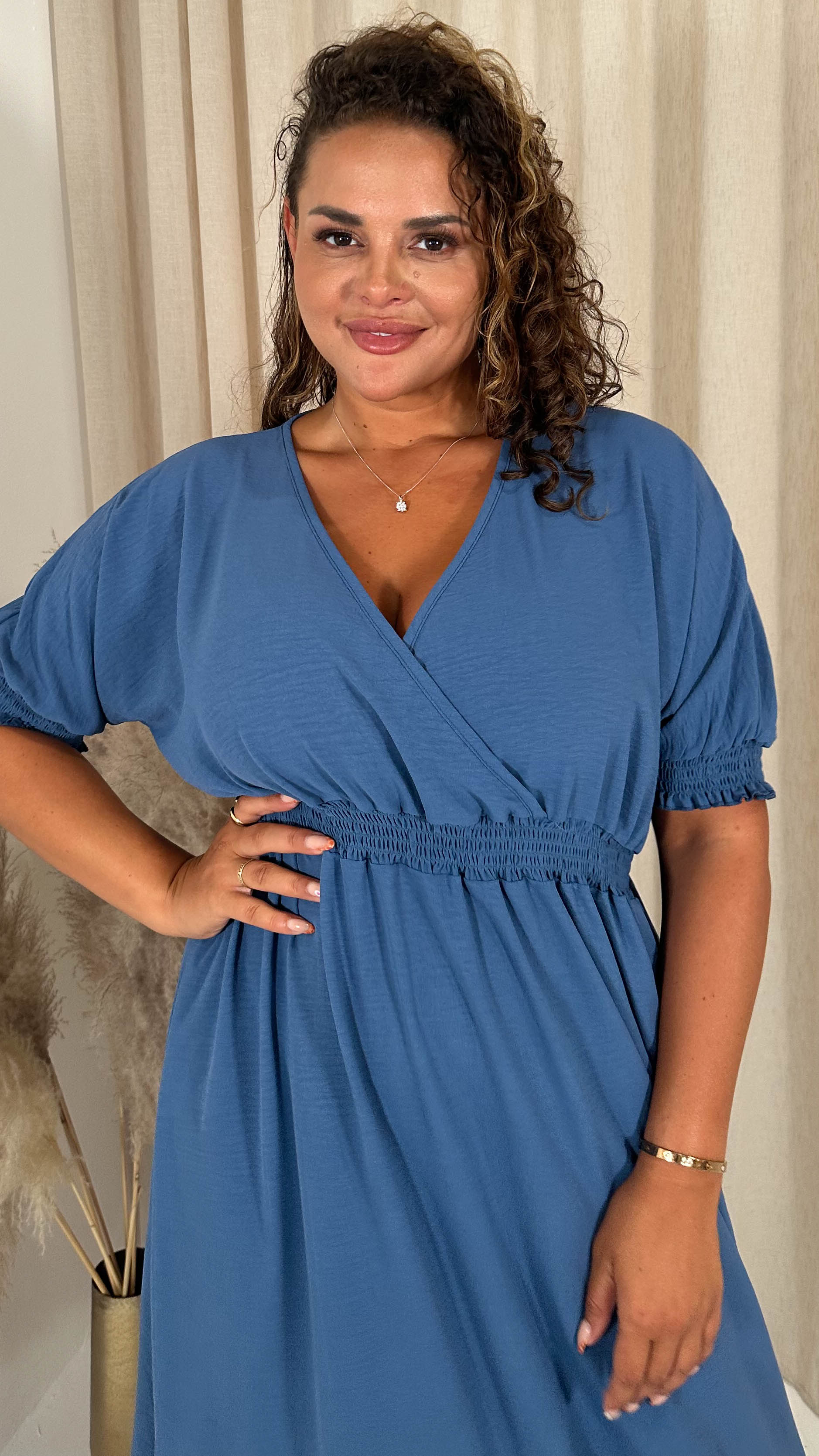 CurveWow Shirred Waist Cuff Midaxi Dress