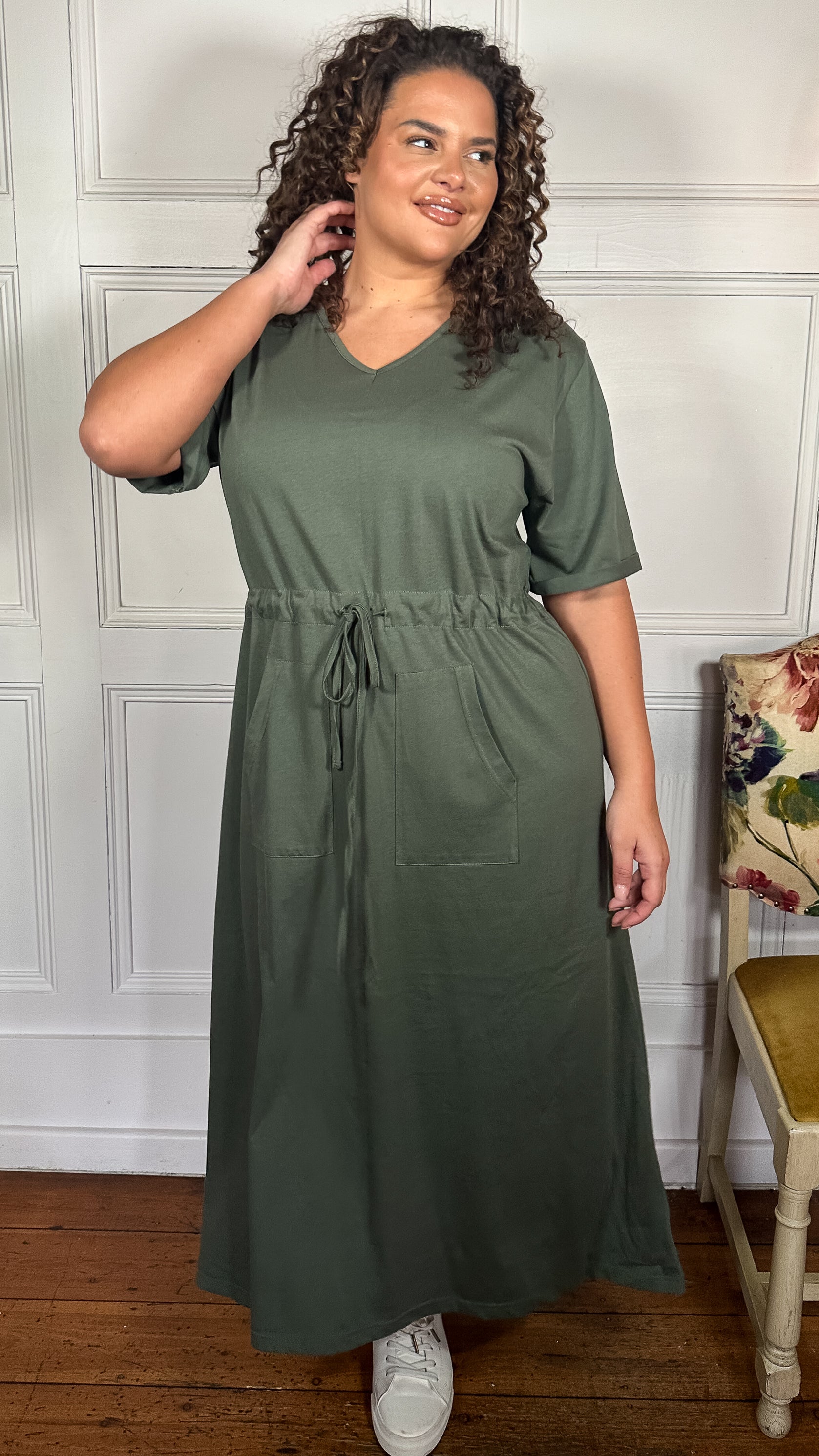 CurveWow Maxi T-Shirt Dress With Drawstring Khaki