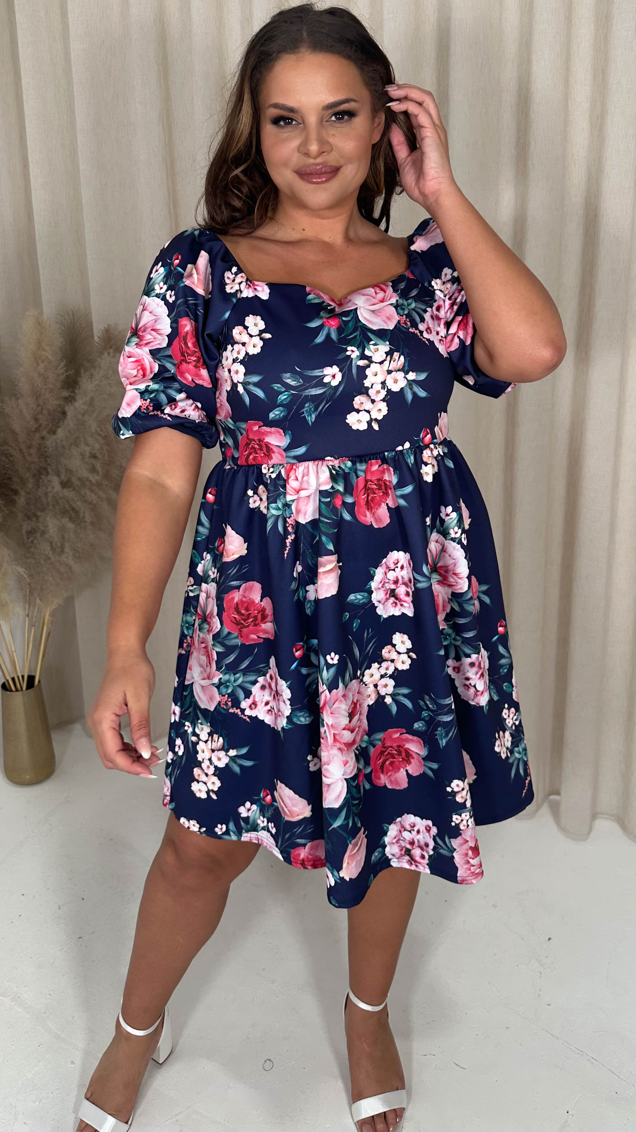 CurveWow Milkmaid Mini Dress Navy Floral