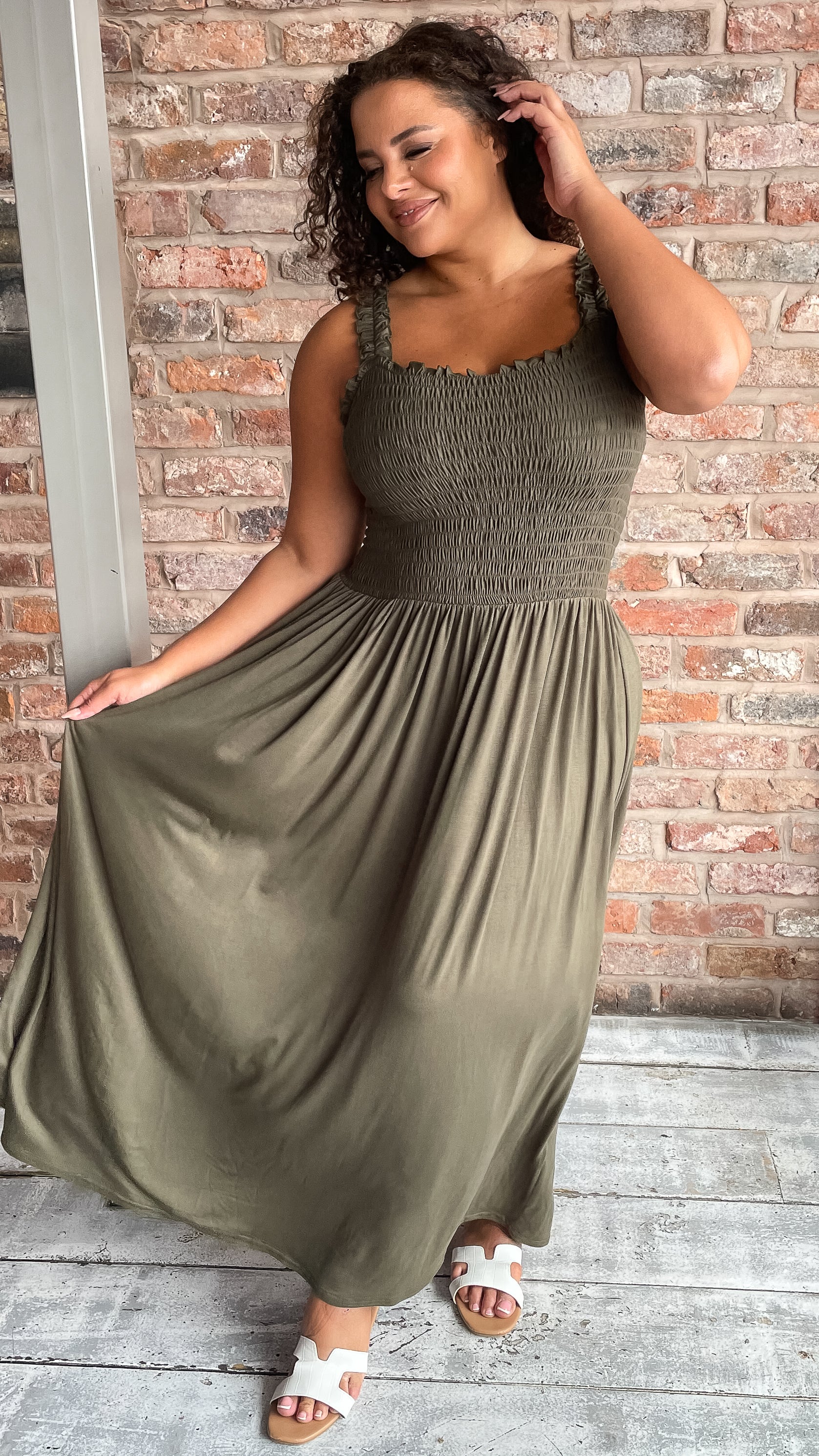 CurveWow Shirred Bust Maxi Dress Khaki