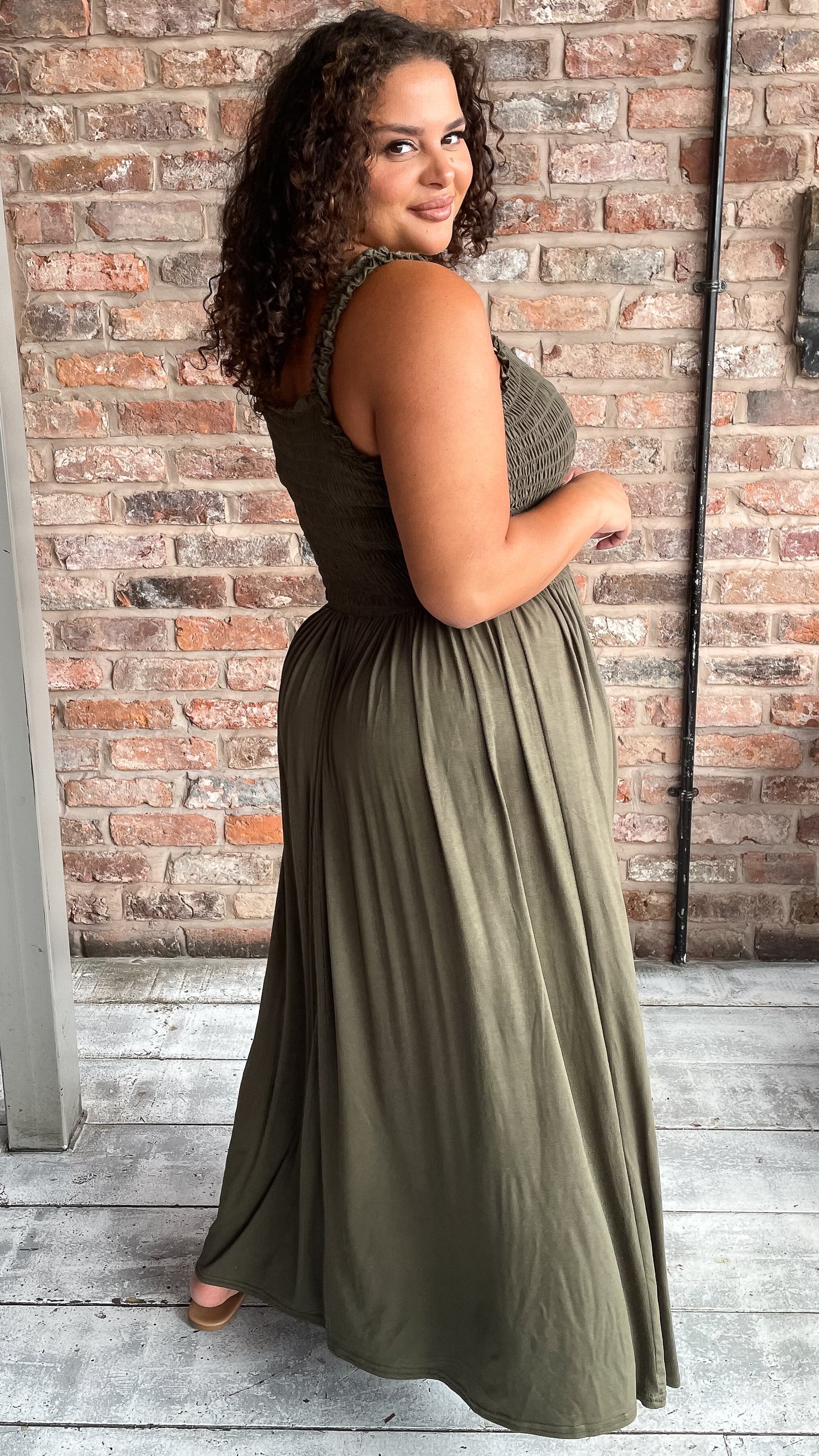 CurveWow Shirred Bust Maxi Dress Khaki