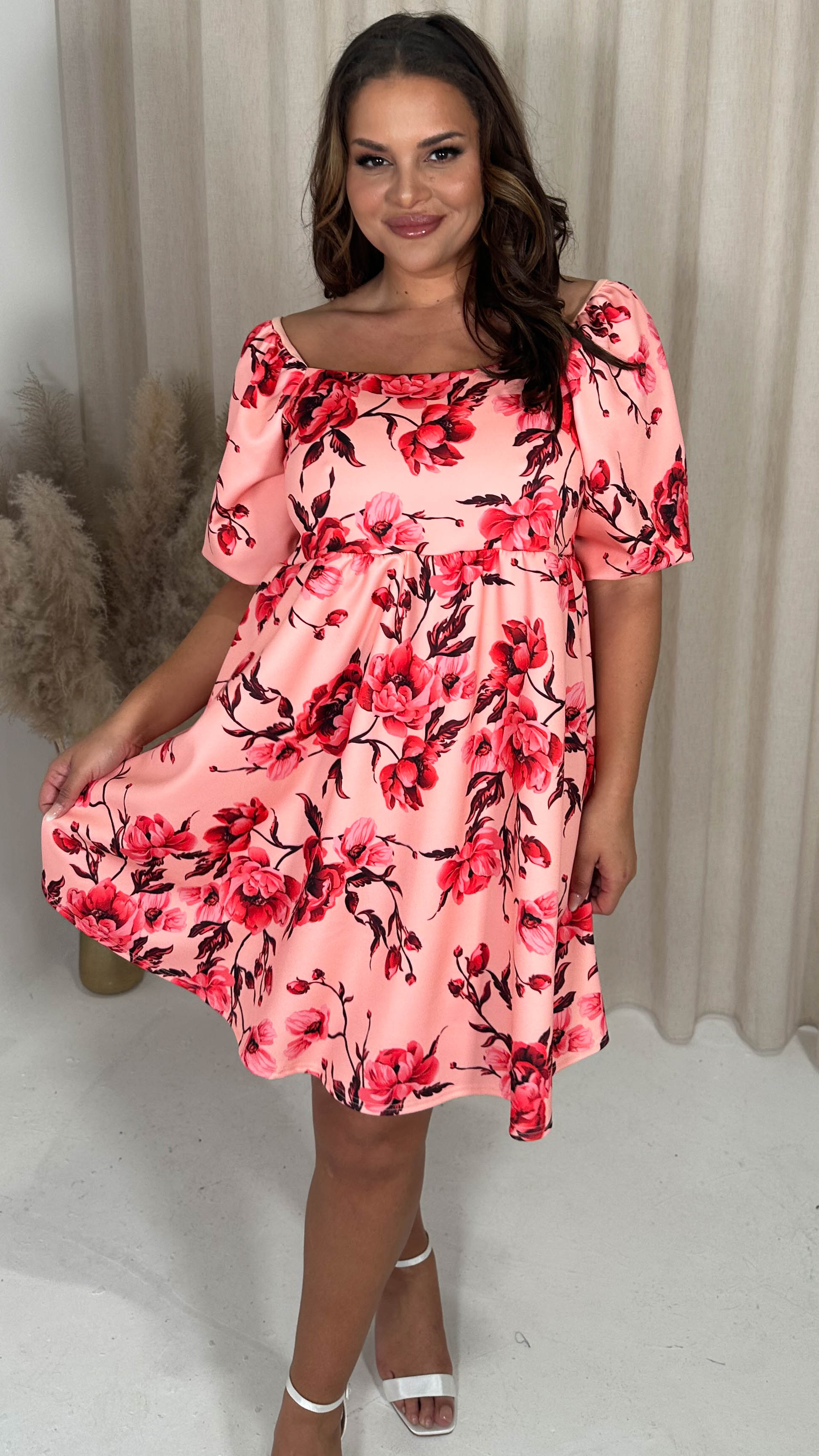 CurveWow Milkmaid Mini Dress Peach Floral