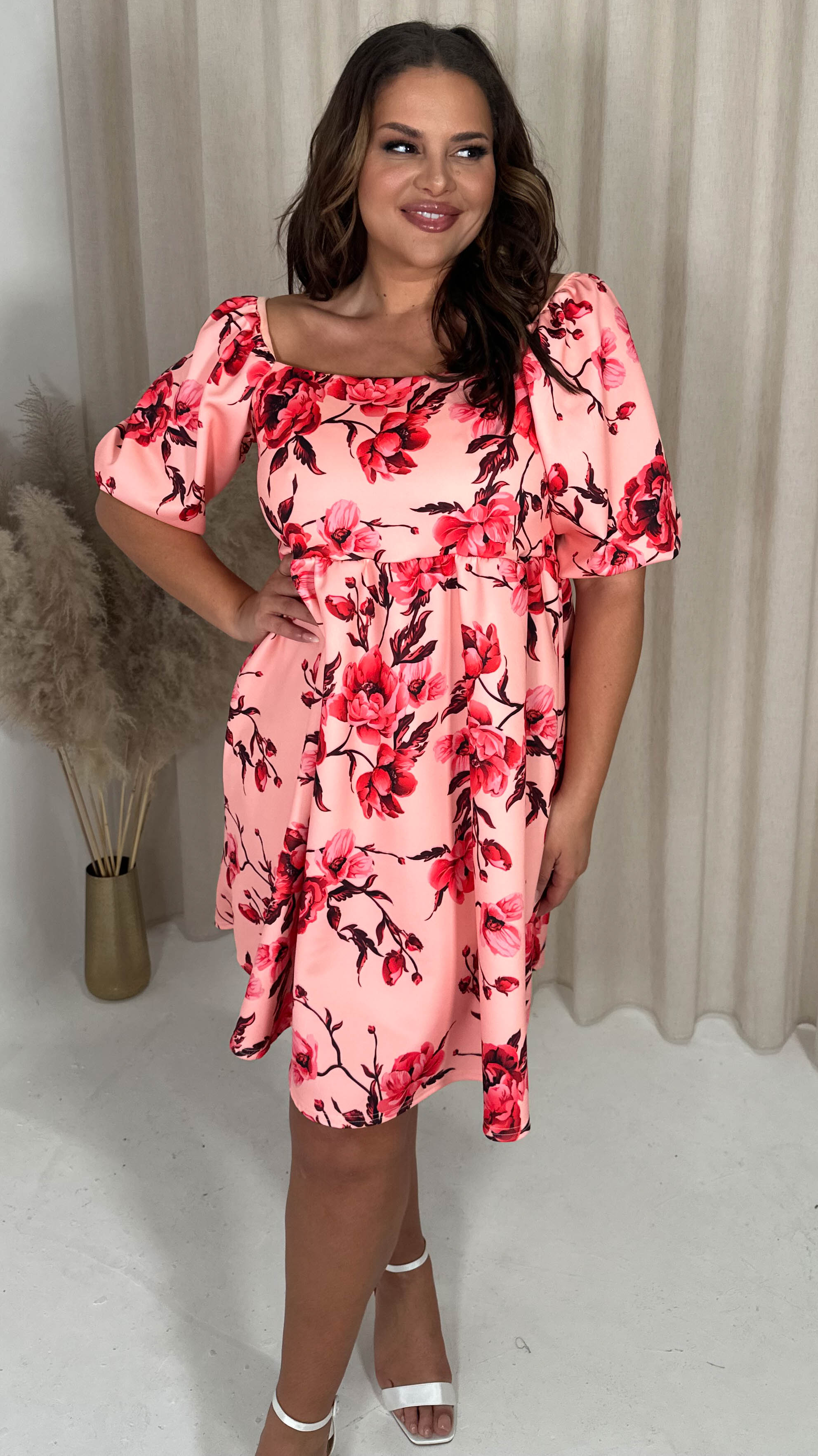 CurveWow Milkmaid Mini Dress Peach Floral