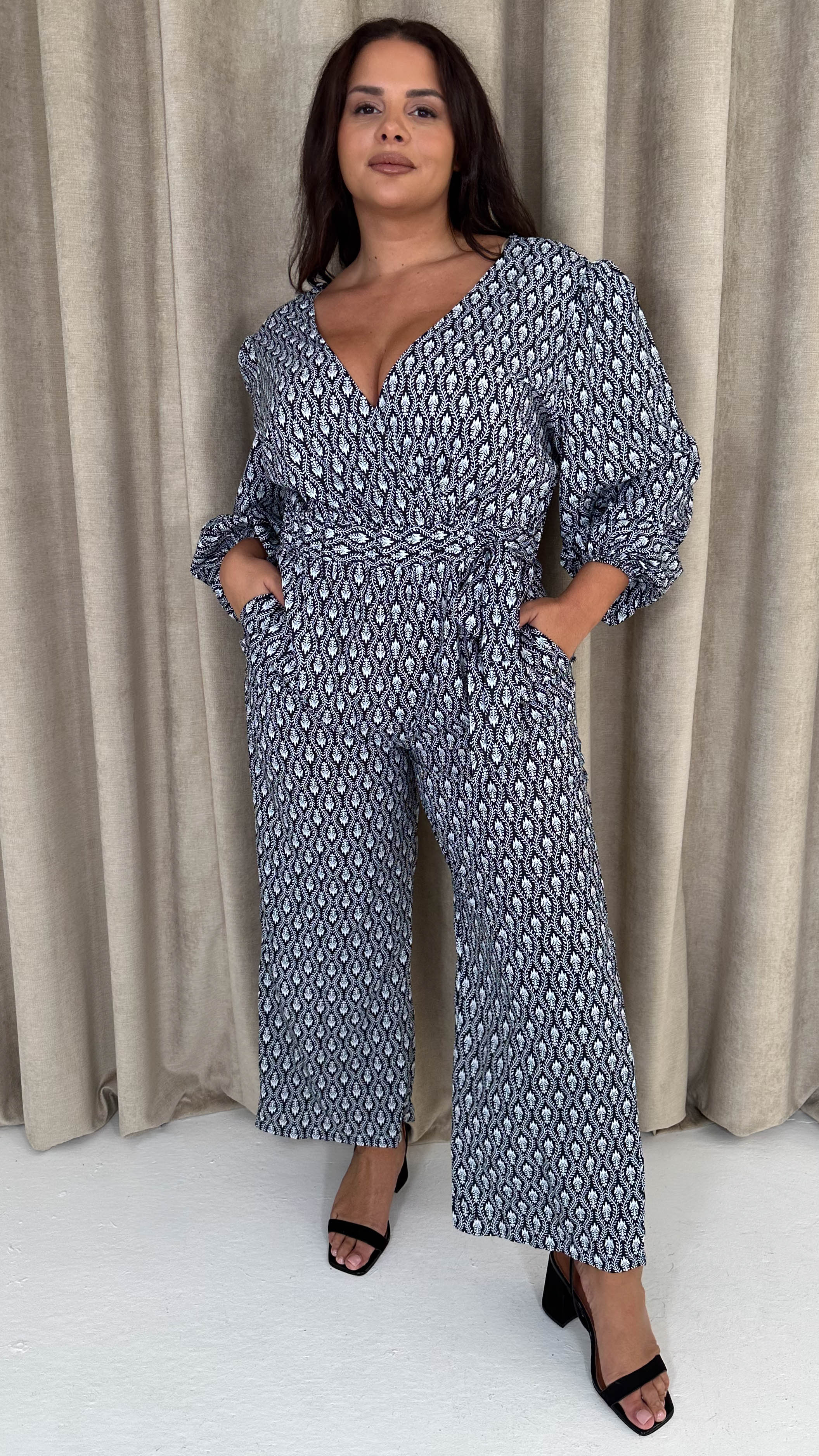 CurveWow Wrap Tie Side Jumpsuit Black Mono