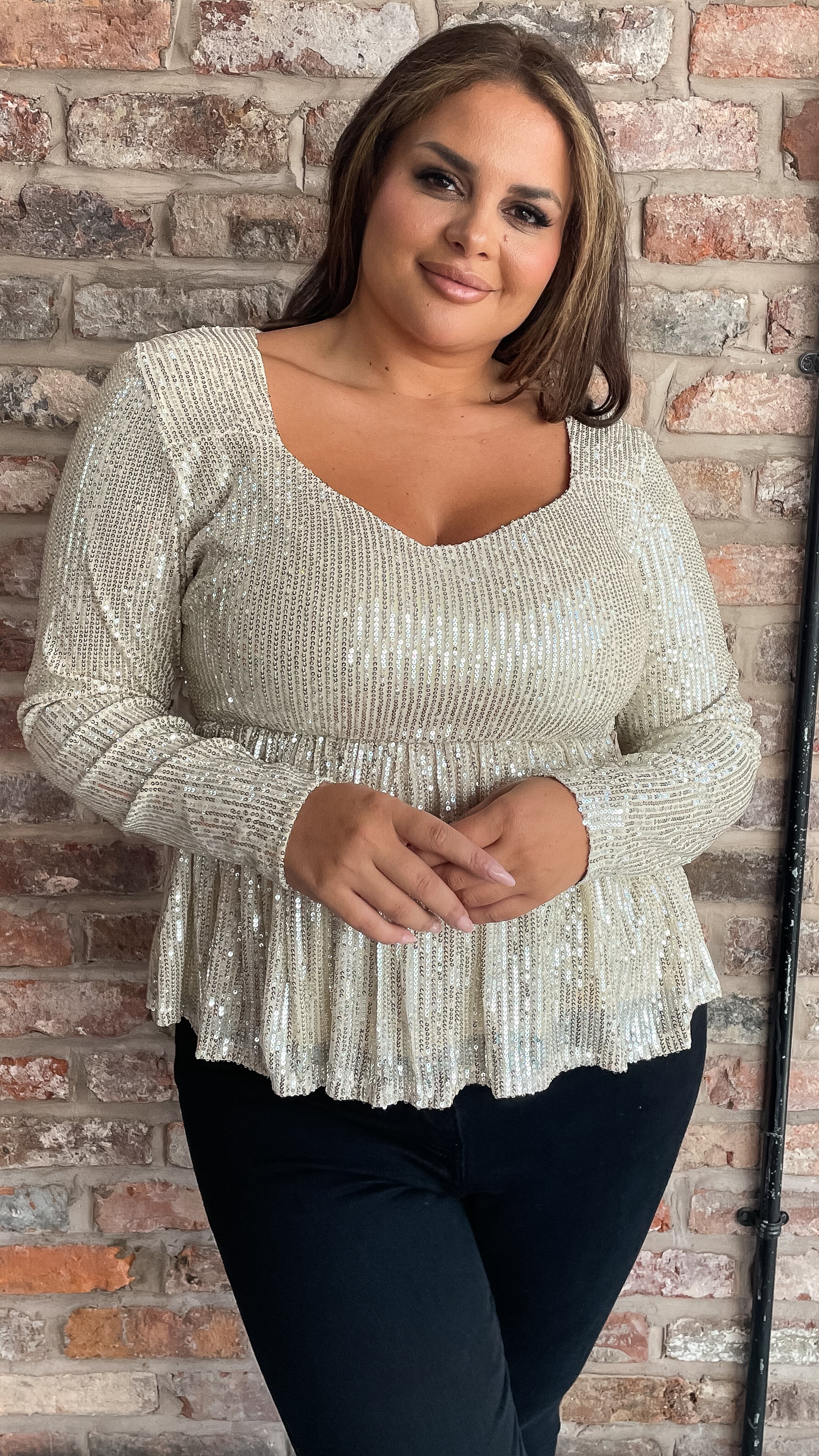 CurveWow Sequin Sweetheart Peplum Top Gold