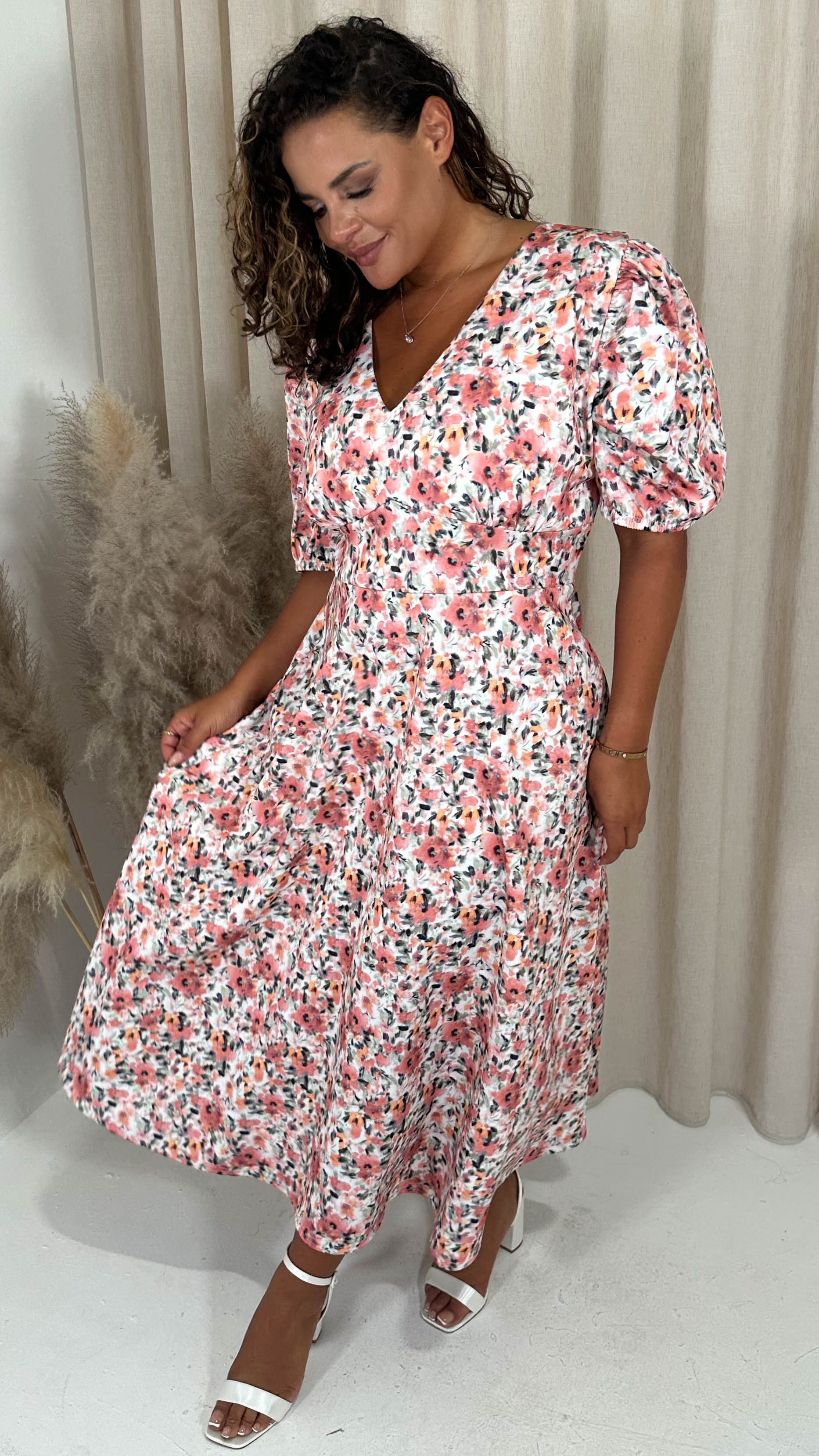 CurveWow Balloon Sleeve Midi Dress Pink Floral