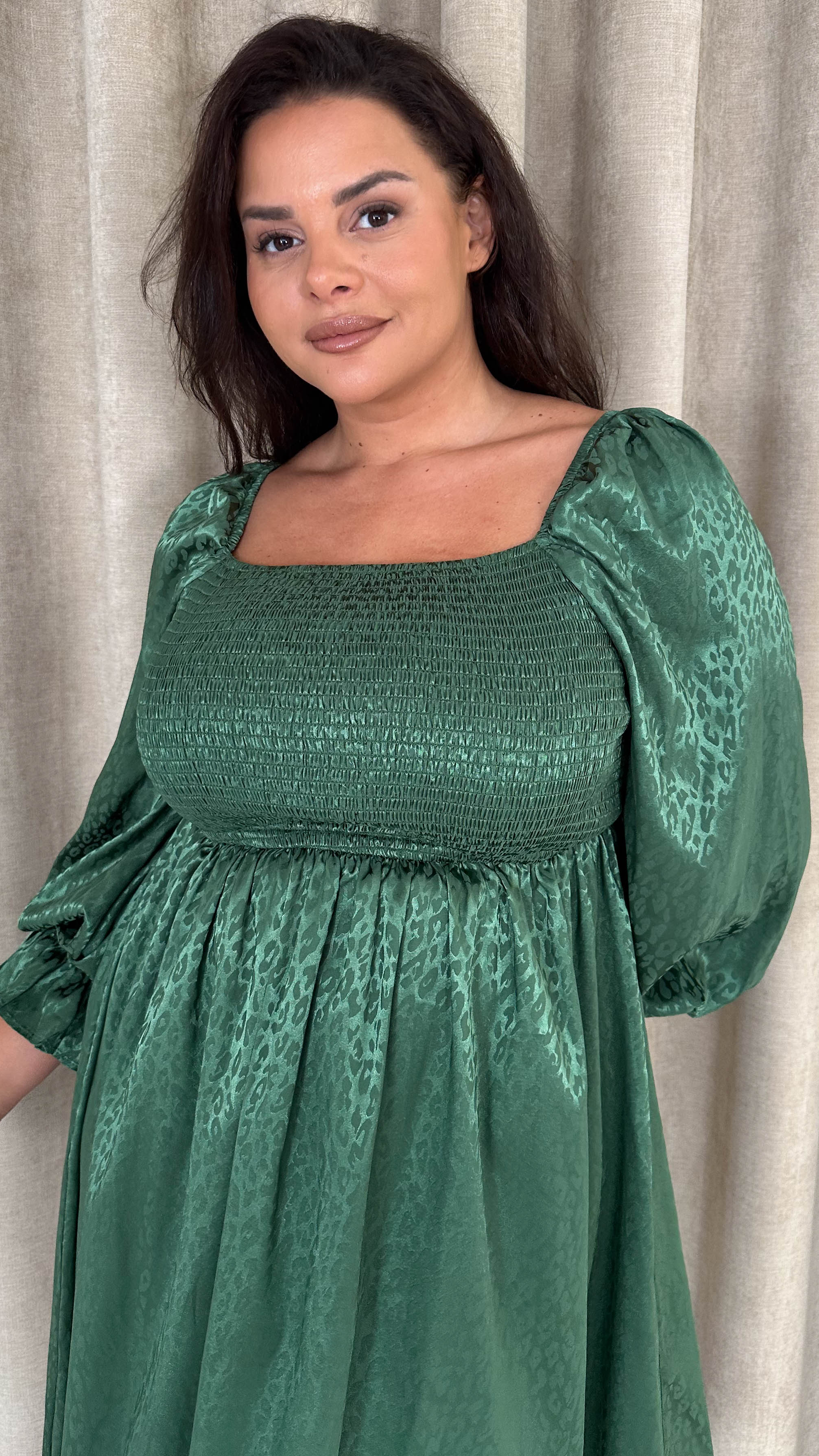 CurveWow Printed Satin Shirred Top Mini Dress Forest Green