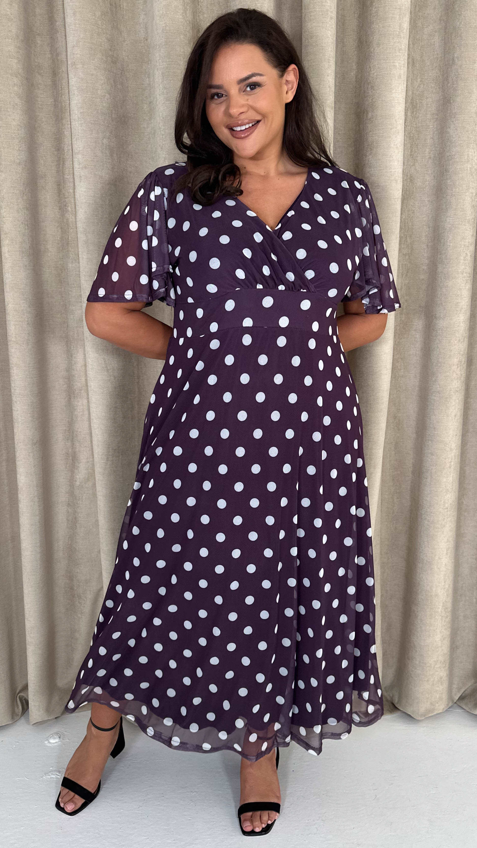 CurveWow Mesh Angel Sleeve Dress Plum Spot