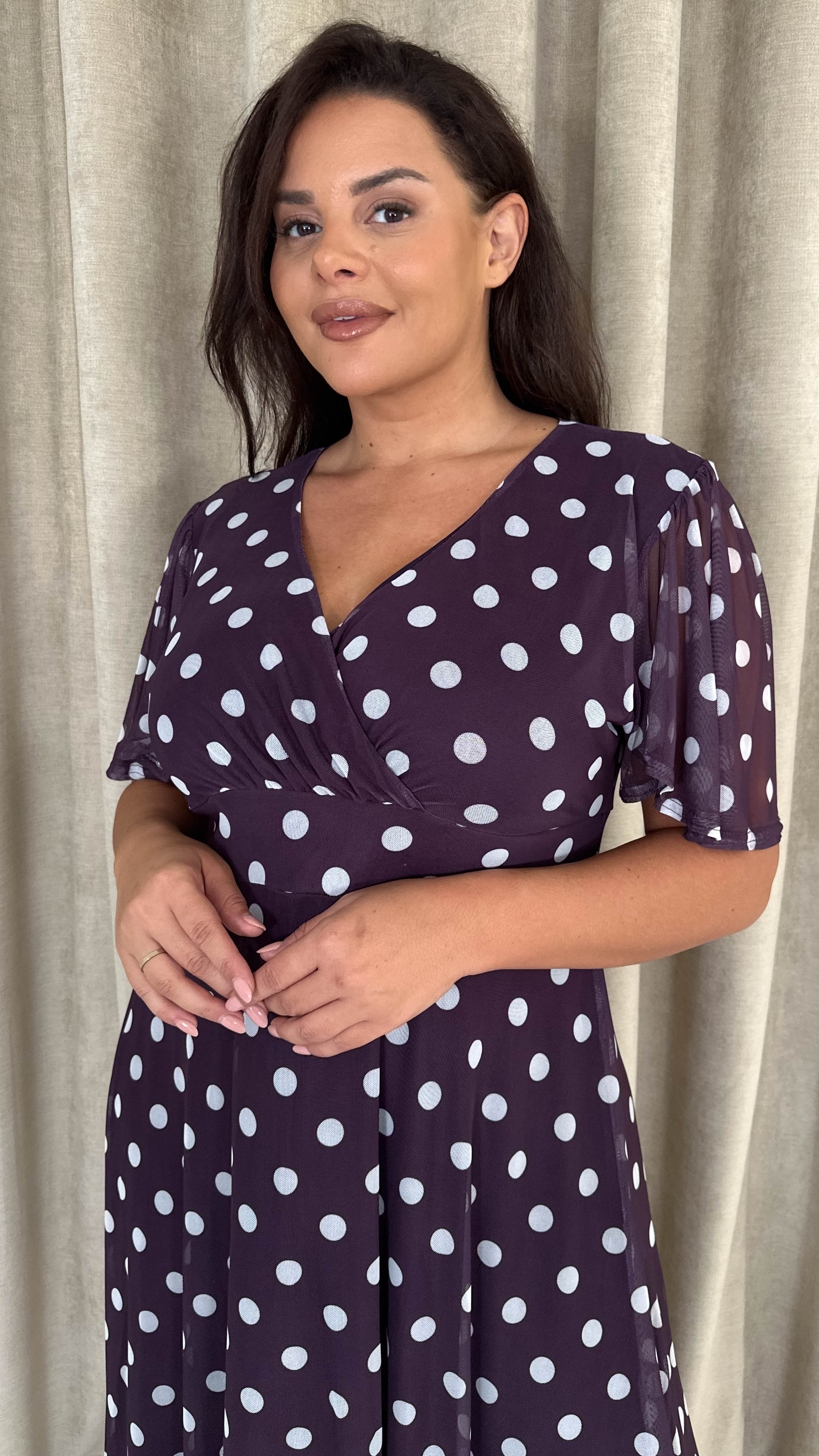 CurveWow Mesh Angel Sleeve Dress Plum Spot