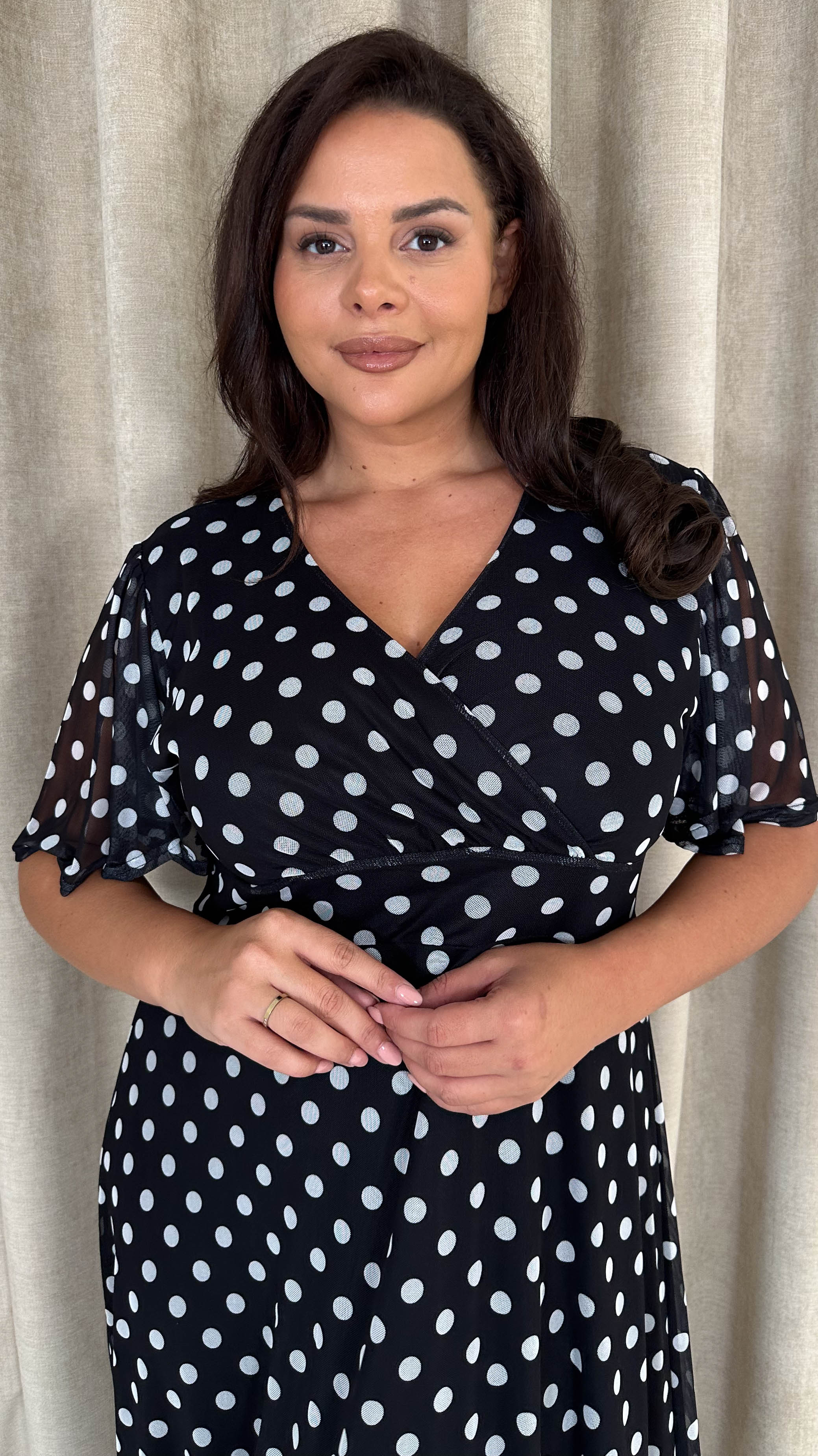 CurveWow Mesh Angel Sleeve Dress Black Polka Dot