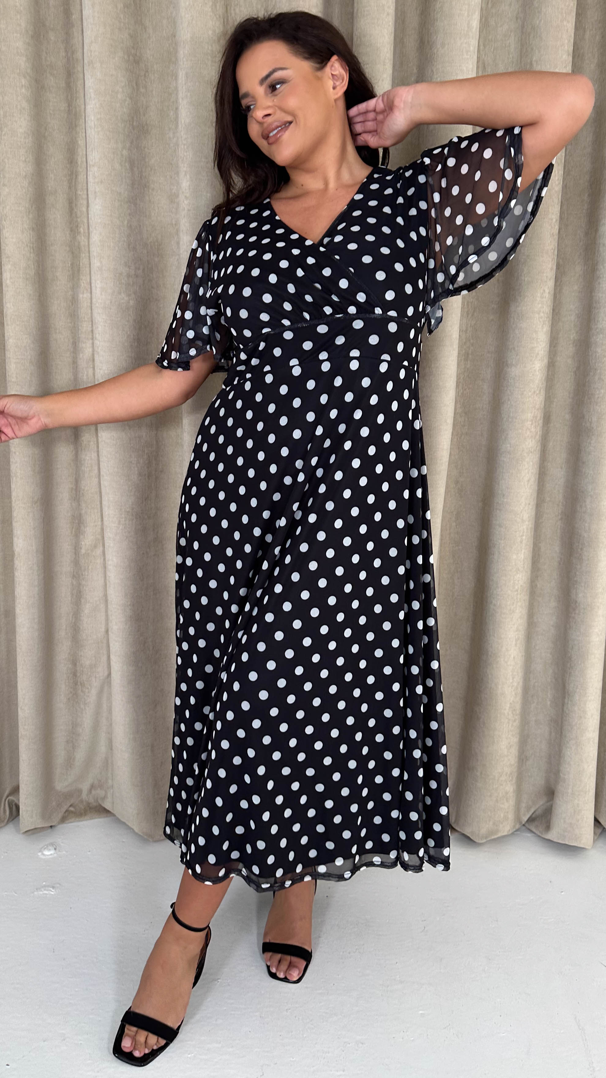 CurveWow Mesh Angel Sleeve Dress Black Polka Dot