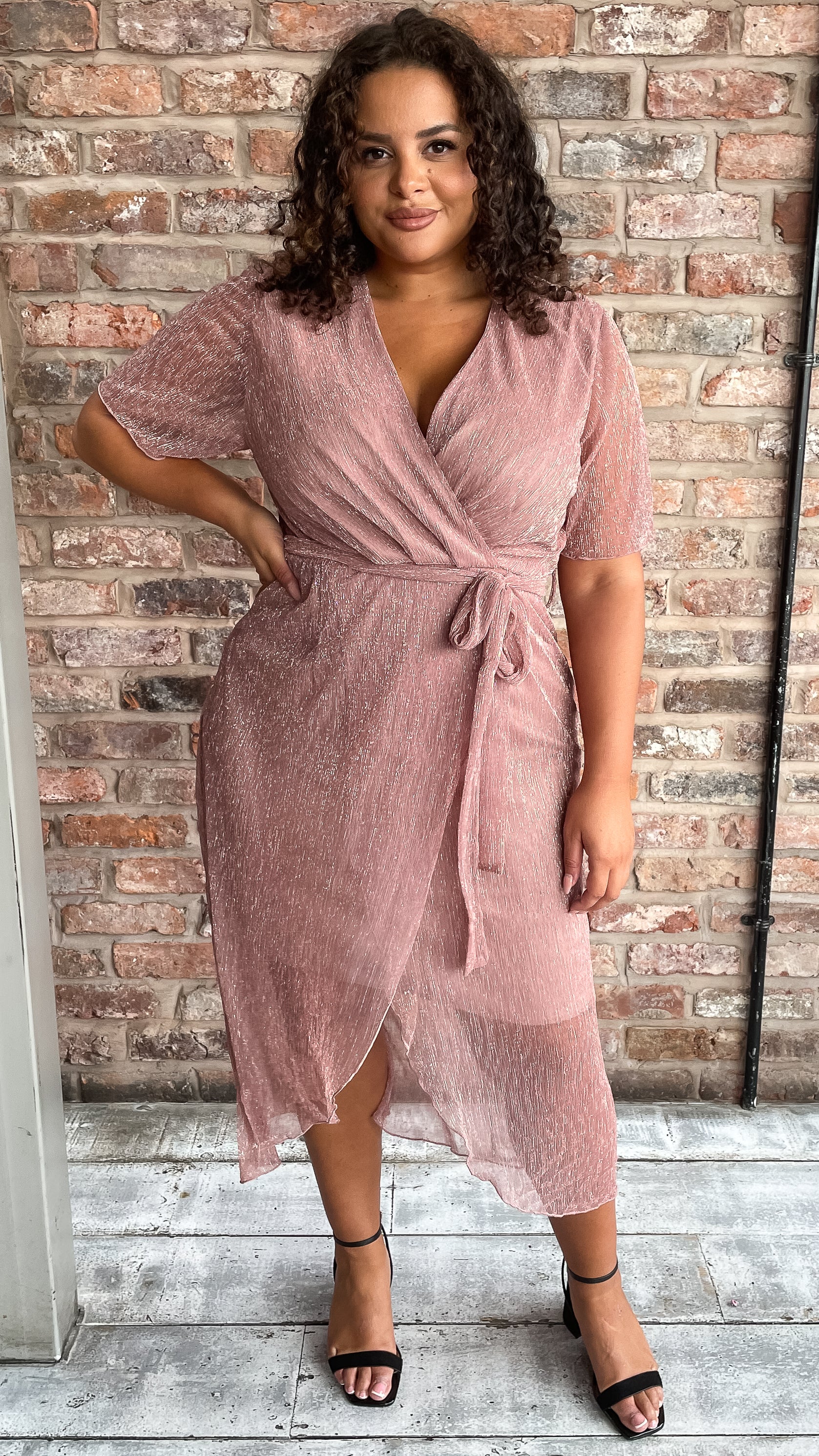 CurveWow Premium Plisse Wrap Midi Dress Blush