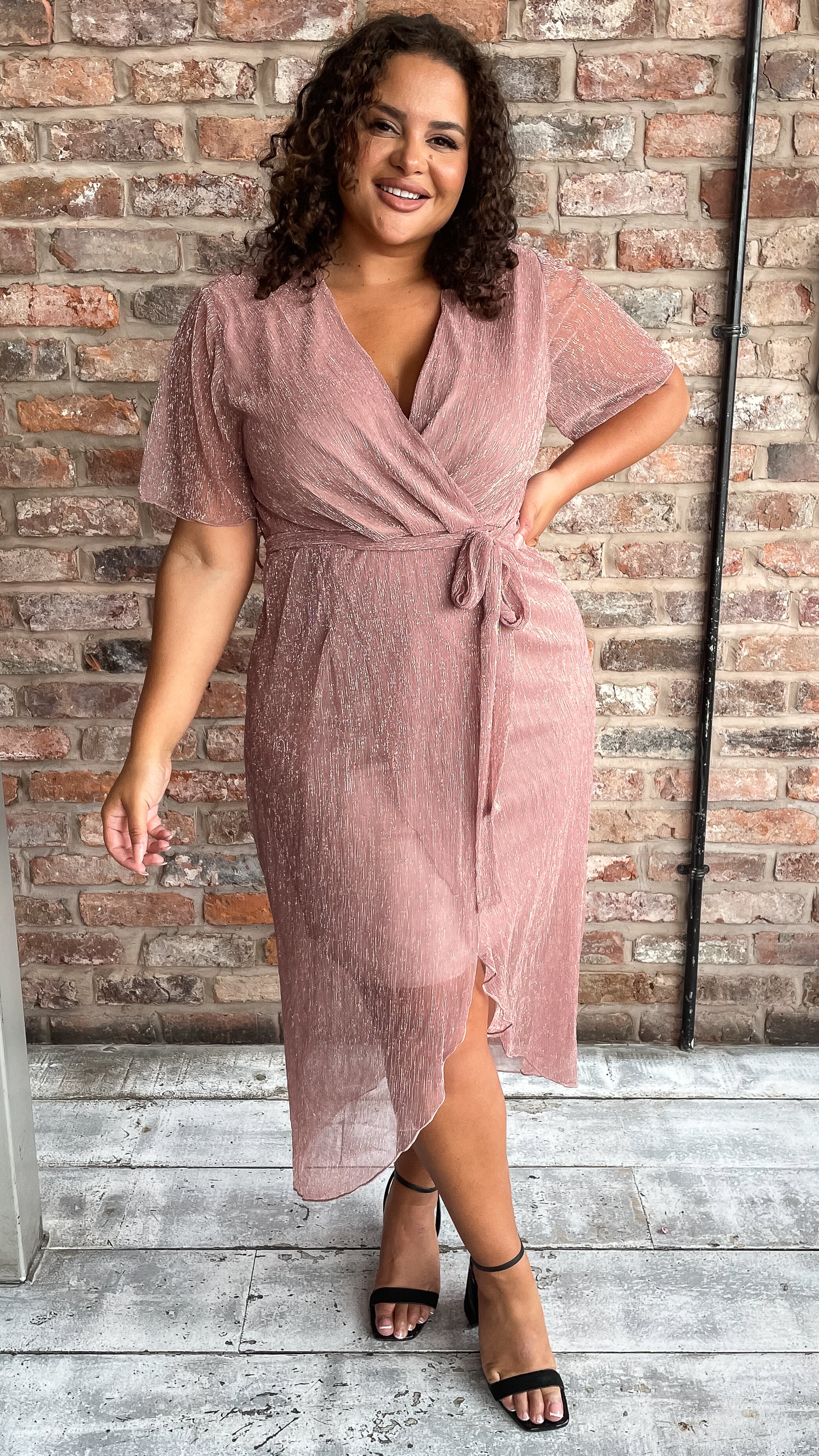 CurveWow Premium Plisse Wrap Midi Dress Blush
