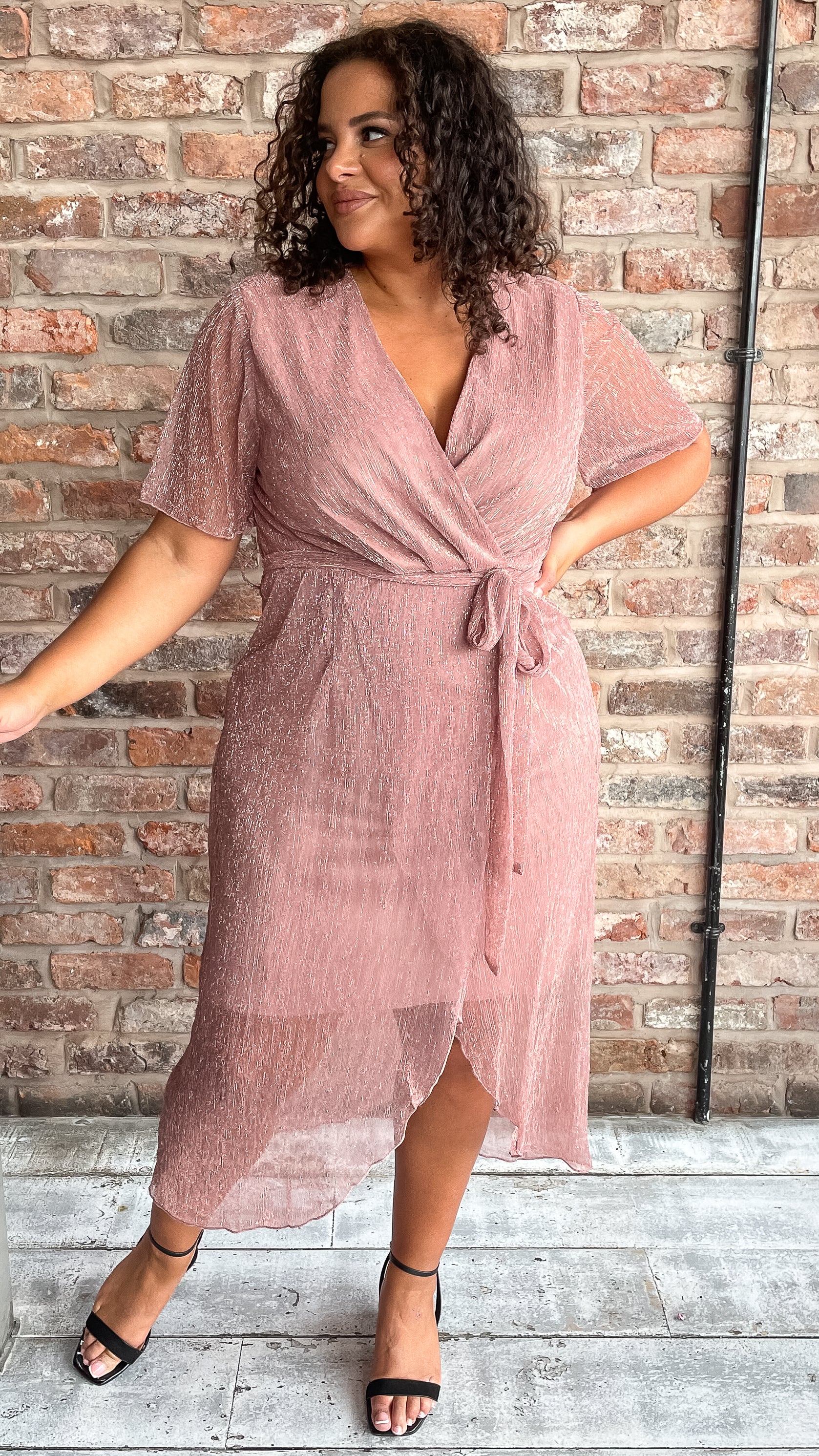 CurveWow Premium Plisse Wrap Midi Dress Blush
