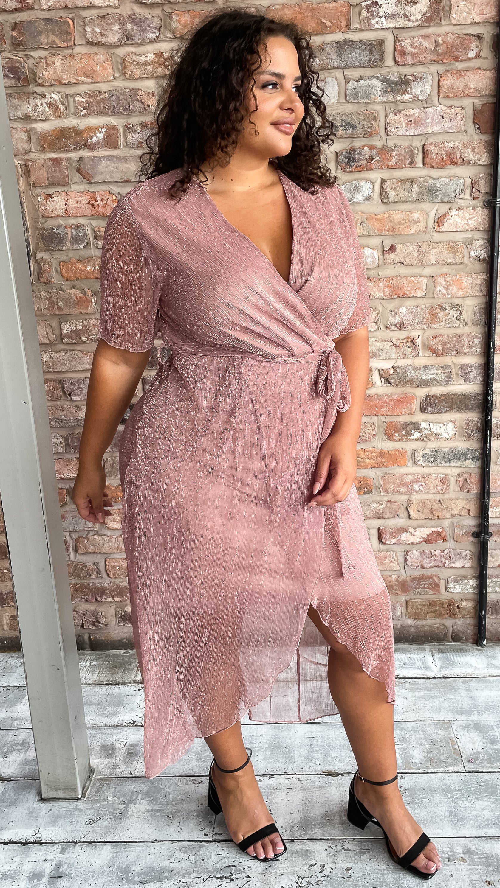 CurveWow Premium Plisse Wrap Midi Dress Blush