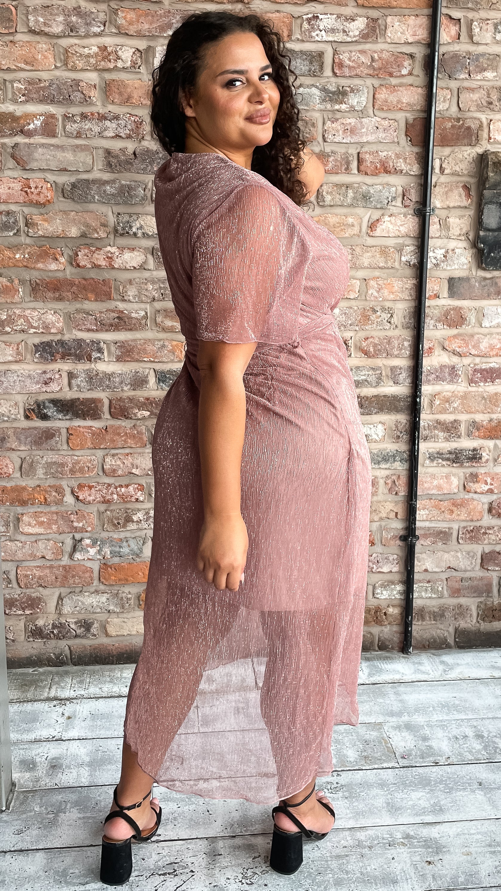 CurveWow Premium Plisse Wrap Midi Dress Blush