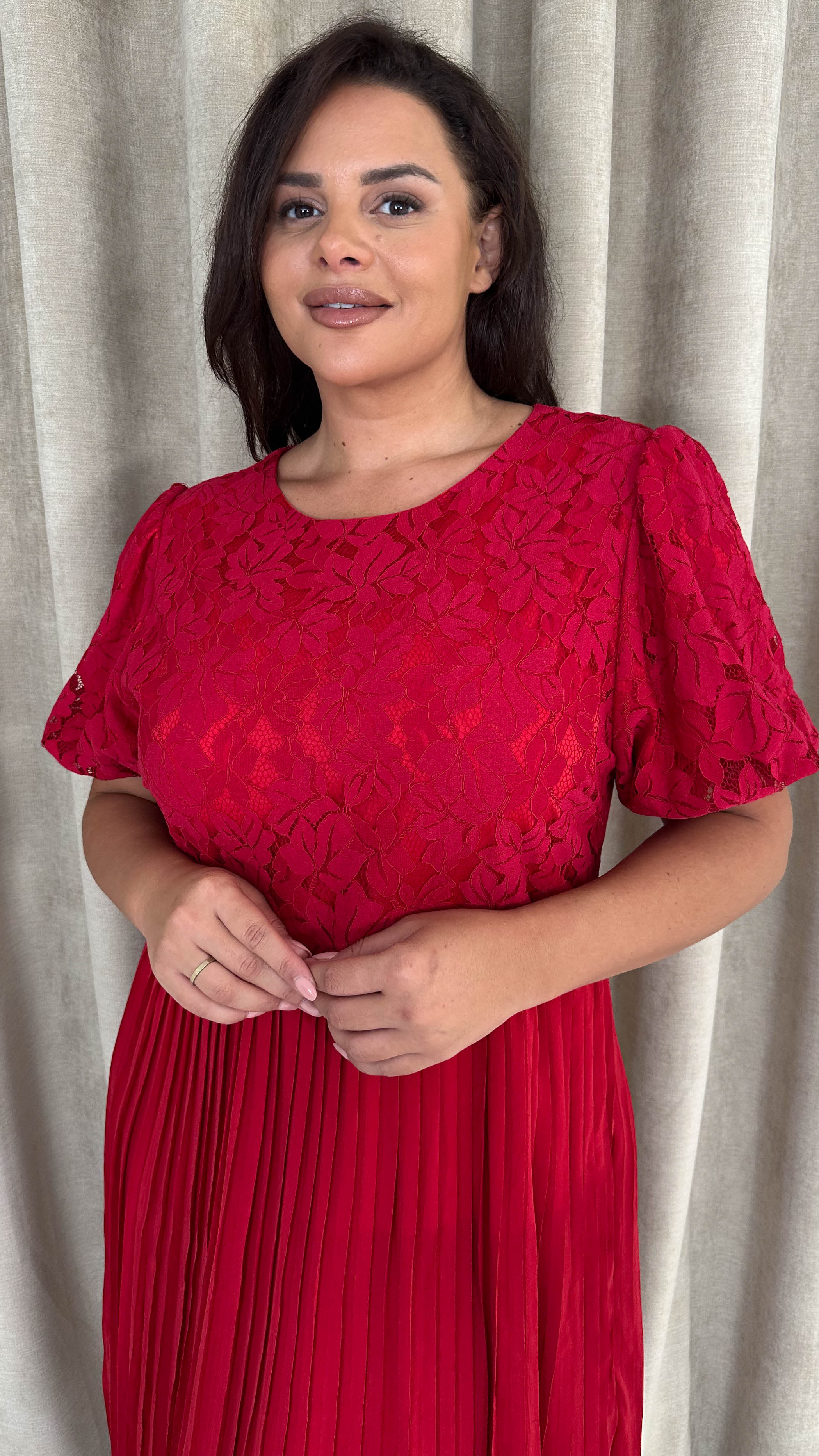 CurveWow Lace Top Pleated Dress Red