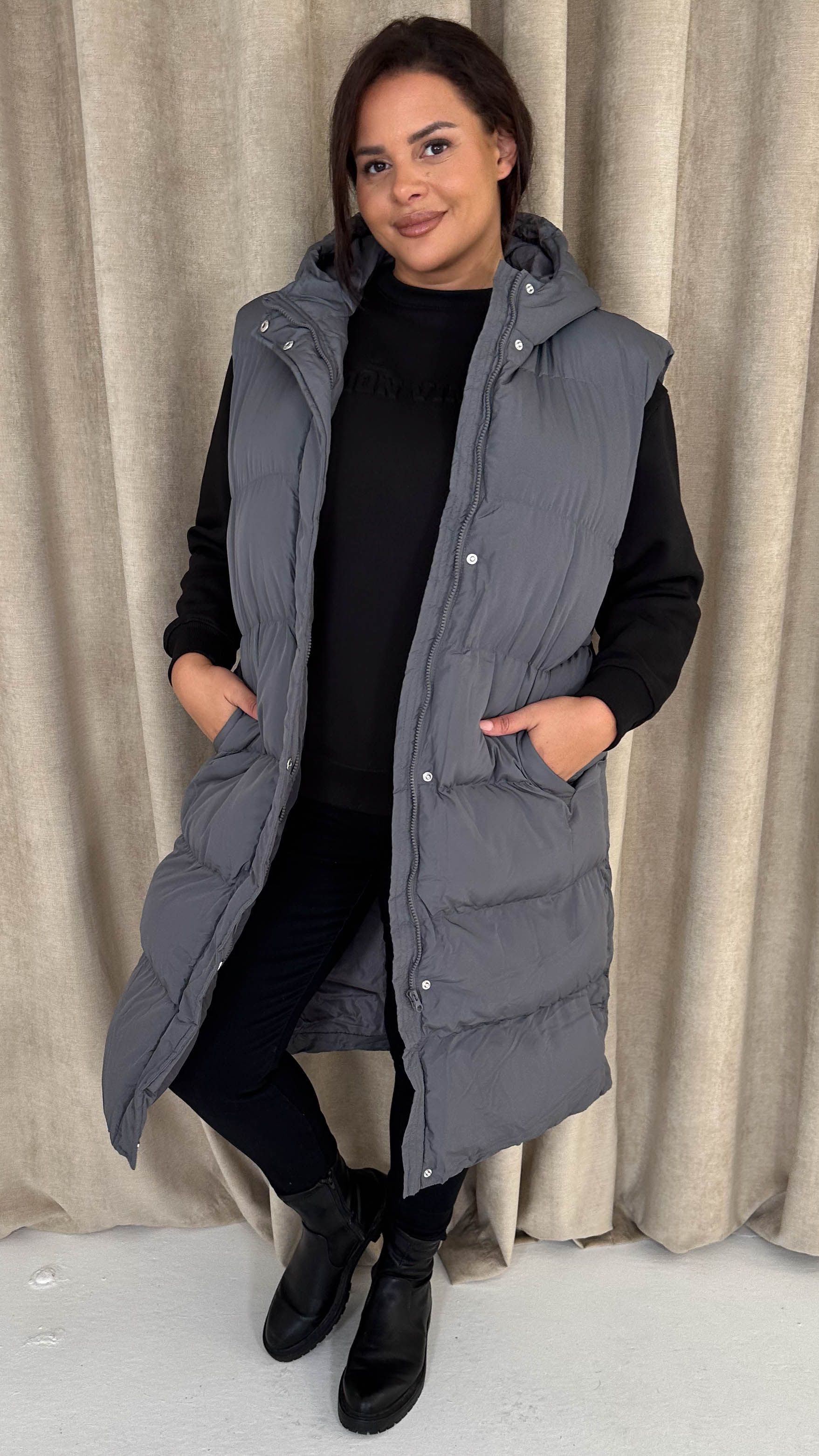 CurveWow Hooded Longline Gilet Grey