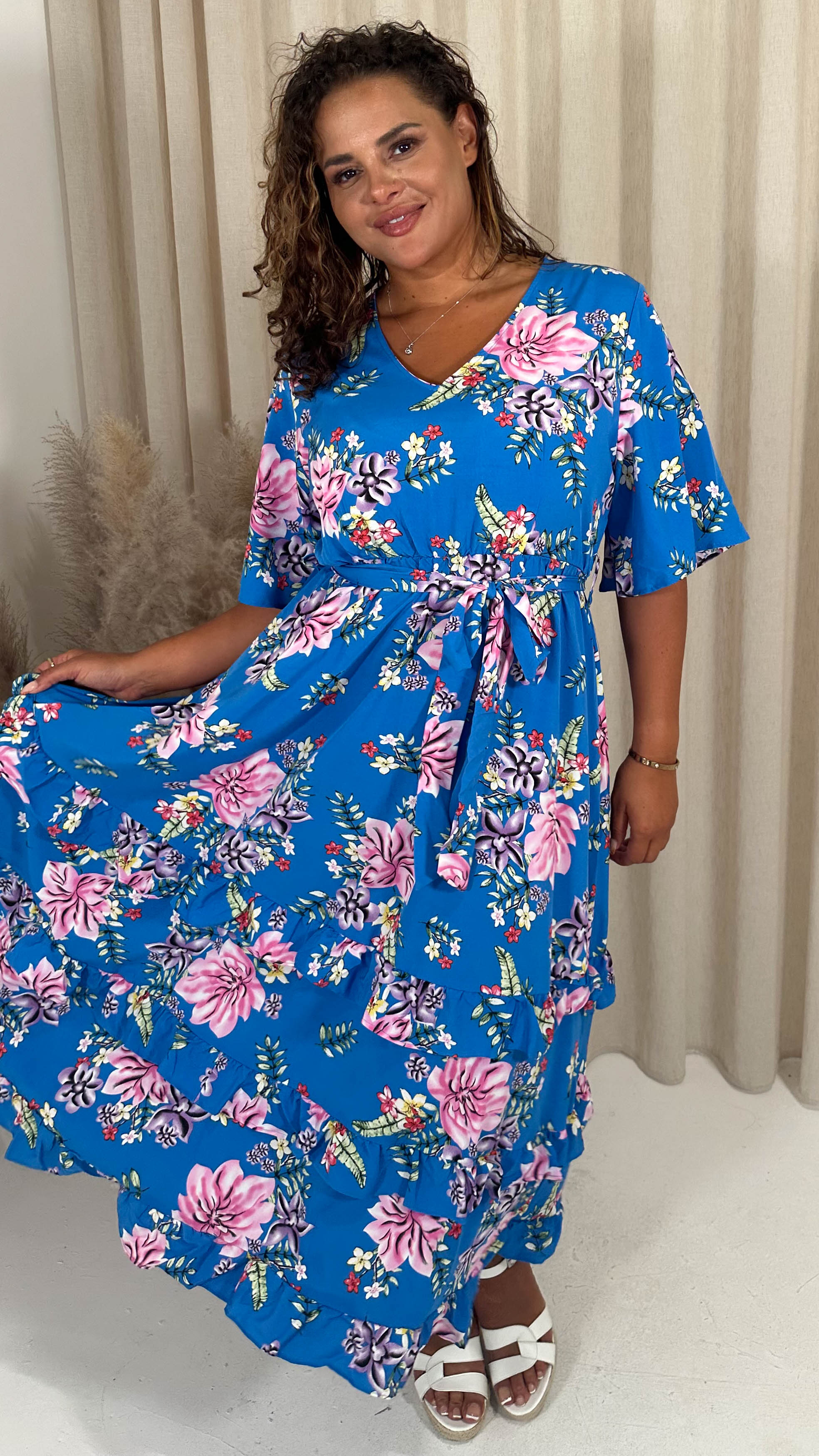 CurveWow V-Neck Ruffle Hem Floral Maxi Dress Blue Tropical