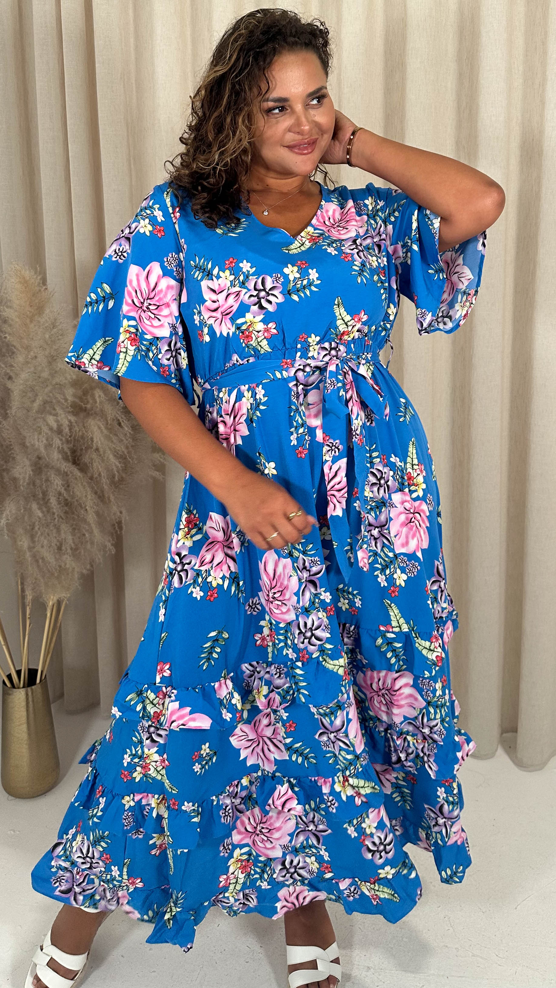 CurveWow V-Neck Ruffle Hem Floral Maxi Dress Blue Tropical