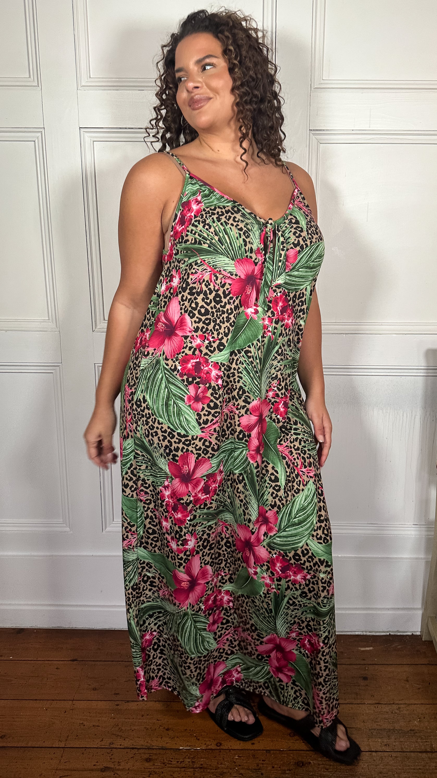 CurveWow Printed Tie Front Maxi Dress Leopard Floral