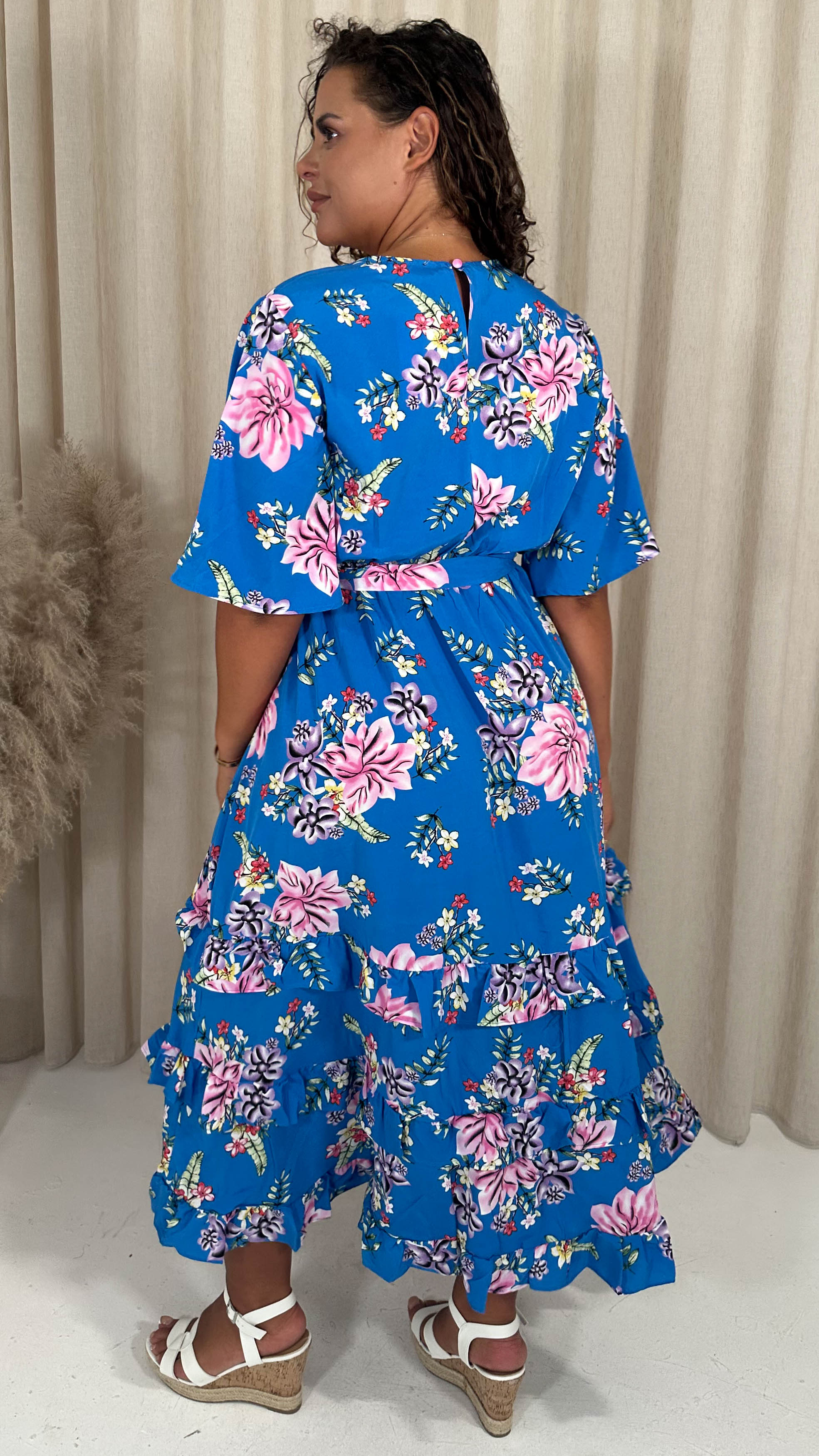 CurveWow V-Neck Ruffle Hem Floral Maxi Dress Blue Tropical