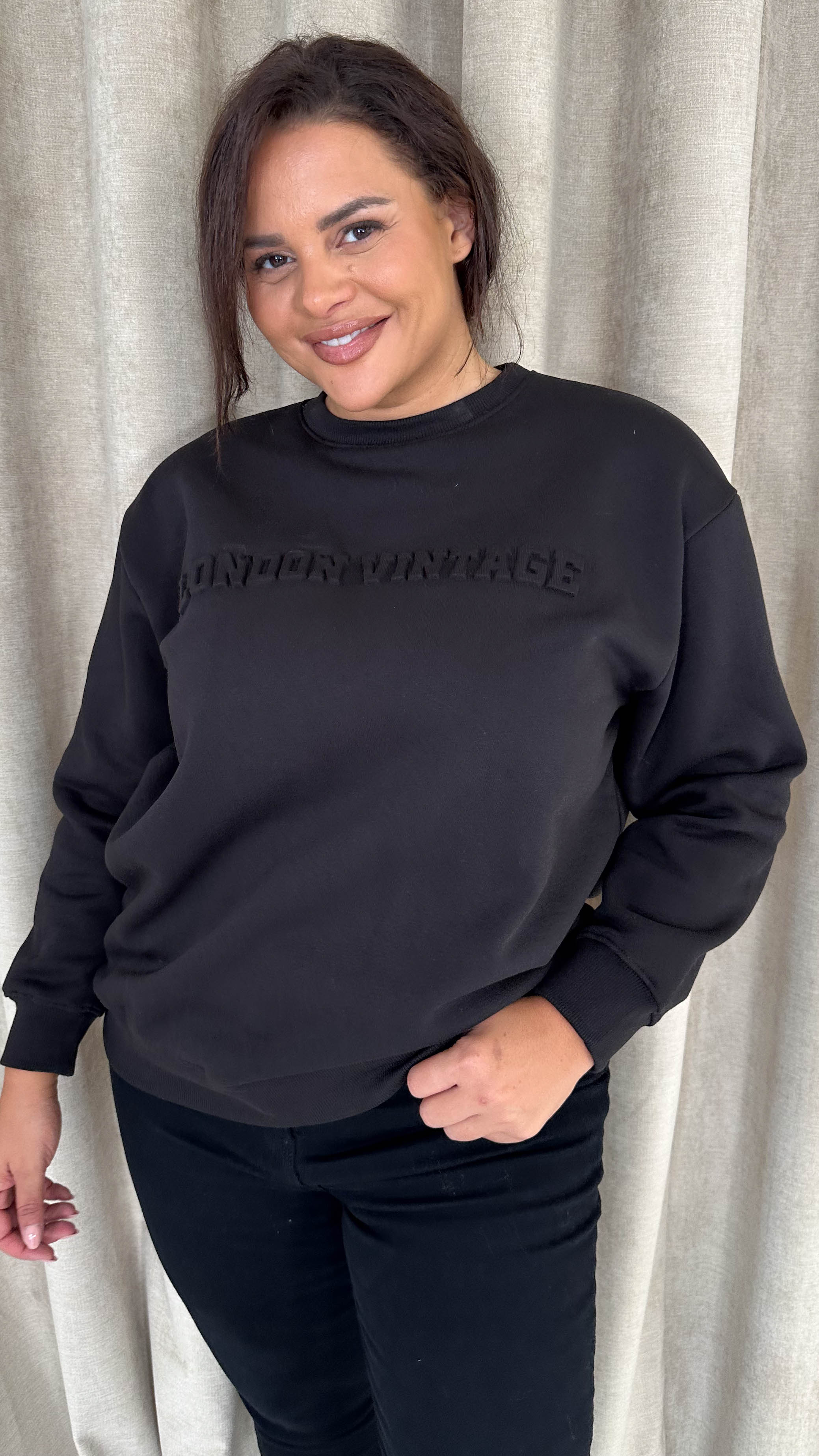 CurveWow Embossed 'London Vintage' Sweatshirt Black