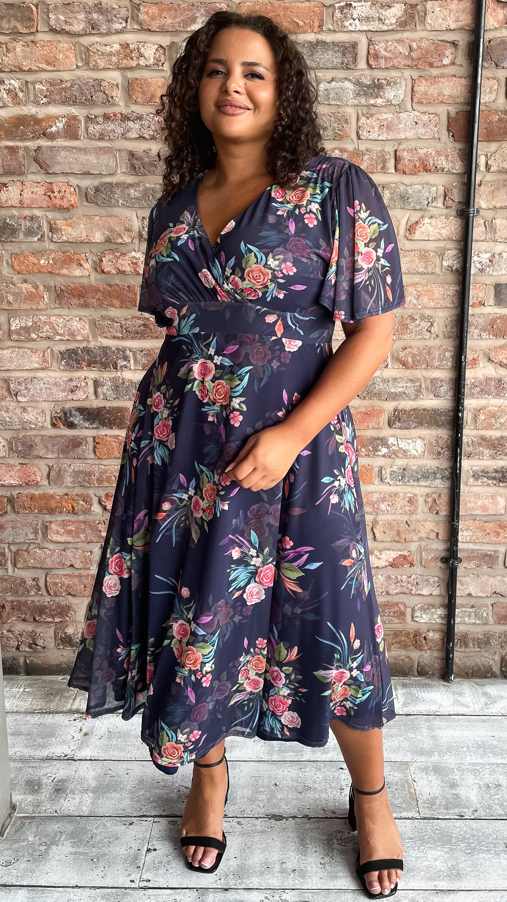CurveWow Mesh Angel Sleeve Dress Navy Multi Floral