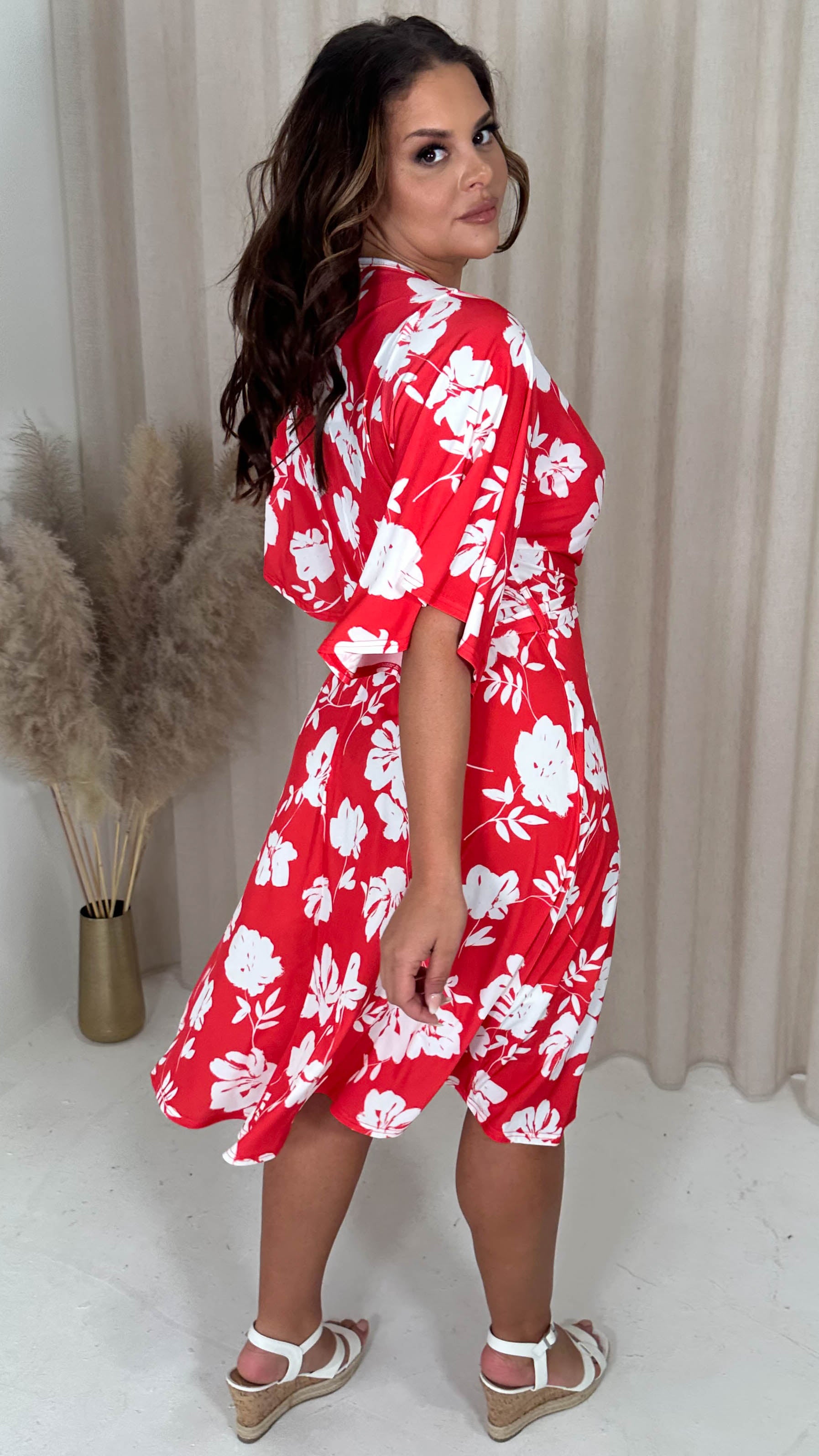 CurveWow Angel Sleeve Wrap Midi Dress Red Floral