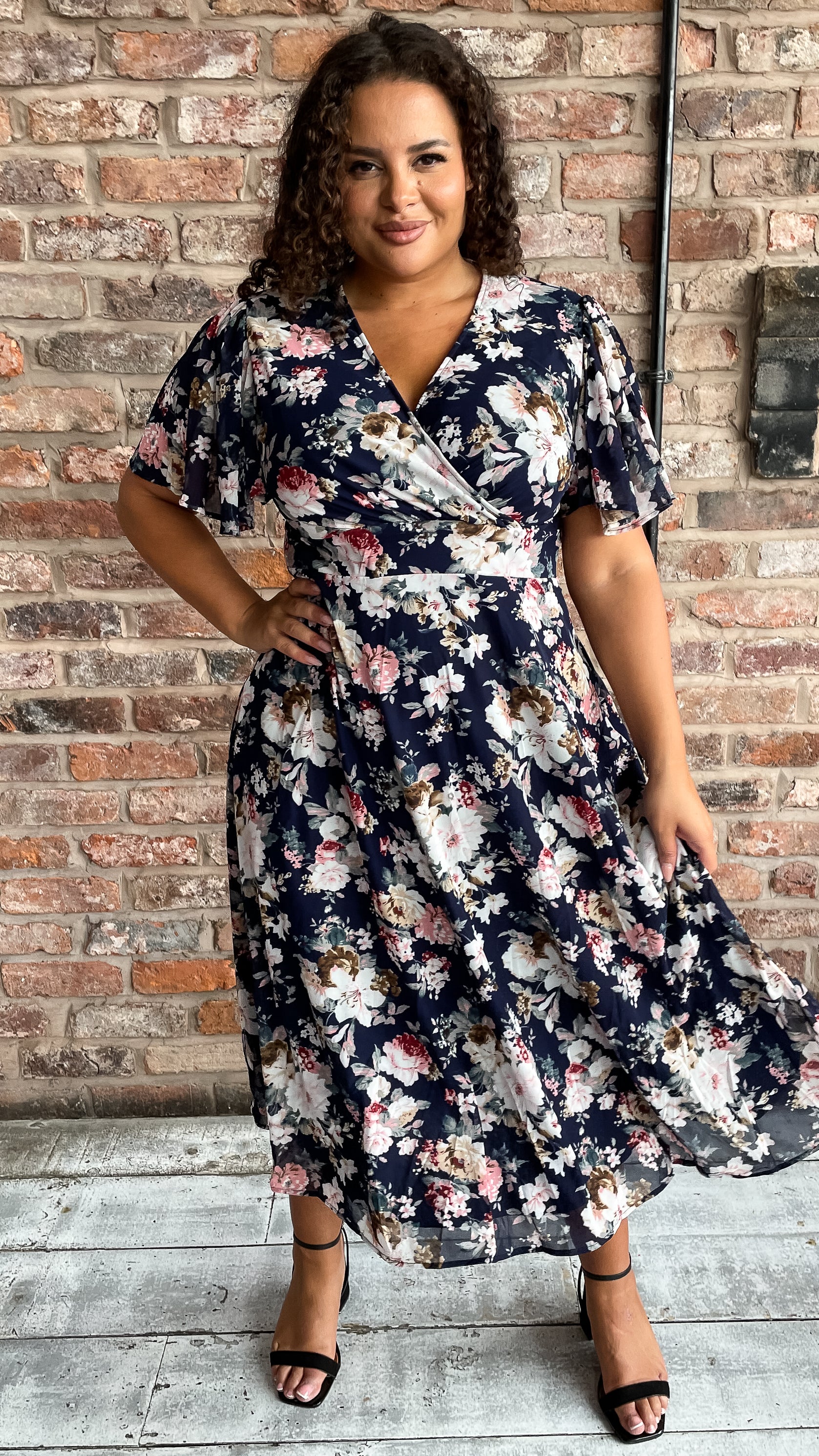 CurveWow Mesh Angel Sleeve Dress Navy Floral