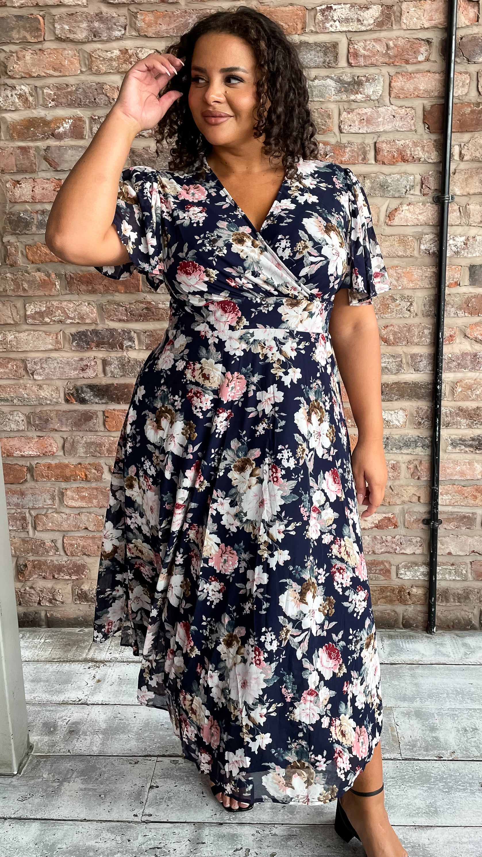 CurveWow Mesh Angel Sleeve Dress Navy Floral