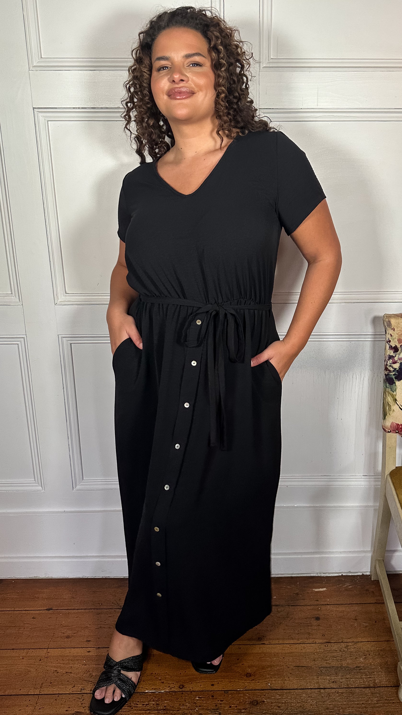 CurveWow Button Front Ocean Crepe Maxi Dress Black