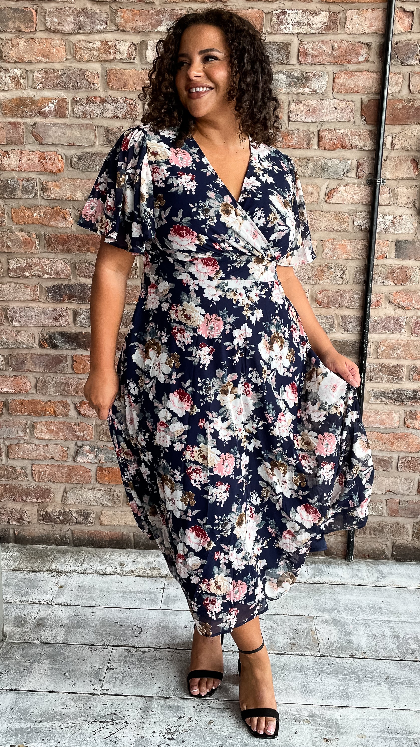 CurveWow Mesh Angel Sleeve Dress Navy Floral