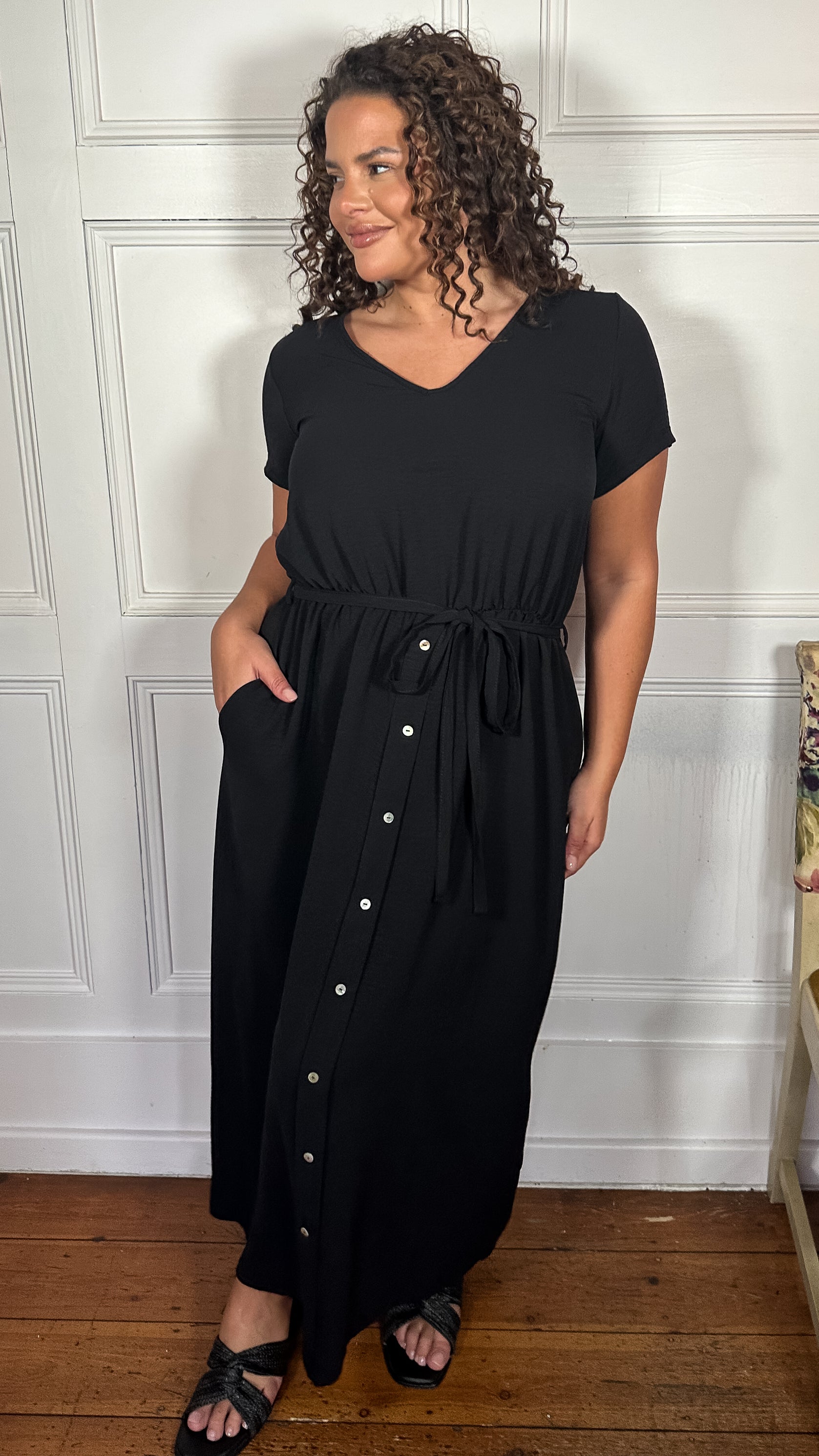 CurveWow Button Front Ocean Crepe Maxi Dress Black